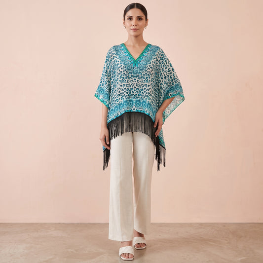 Aqua Animal Print Kaftan for Women – Embellished | First Resort by Ramola Bachchan