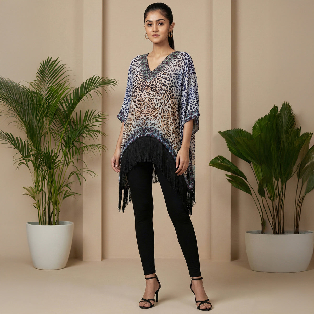 Brown And Blue Animal Print Kaftan for Women – Embellished | First Resort by Ramola Bachchan
