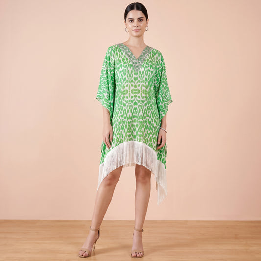 Green Animal Print Kaftan for Women – Embellished | First Resort by Ramola Bachchan