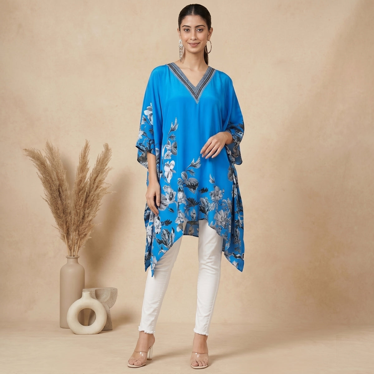 Azure Blue Floral Print Kaftan for Women – Embellished | First Resort by Ramola Bachchan