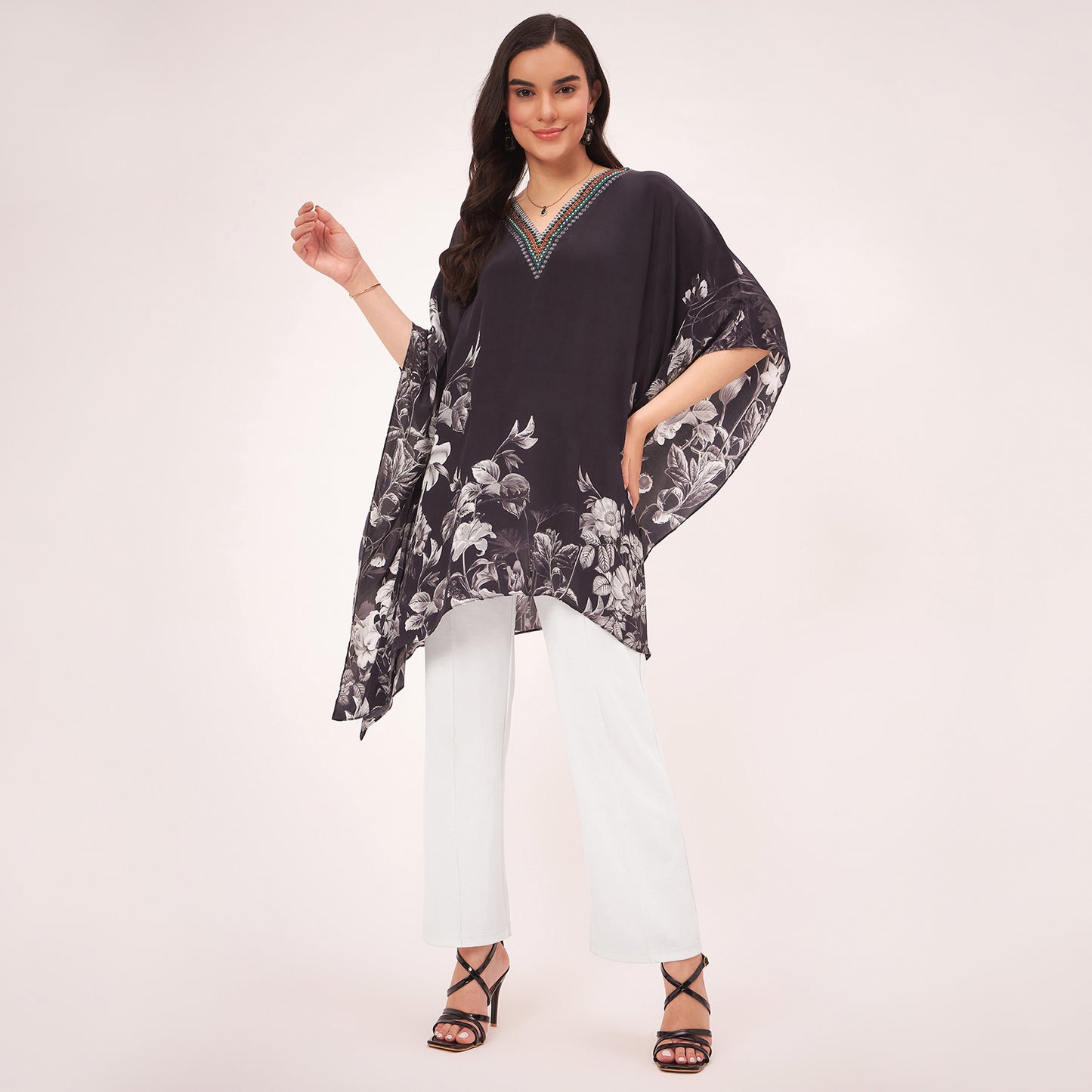 Black Embellished Floral Kaftan Top
