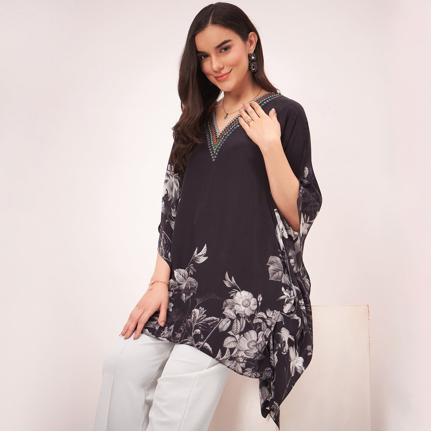 Black Embellished Floral Kaftan Top