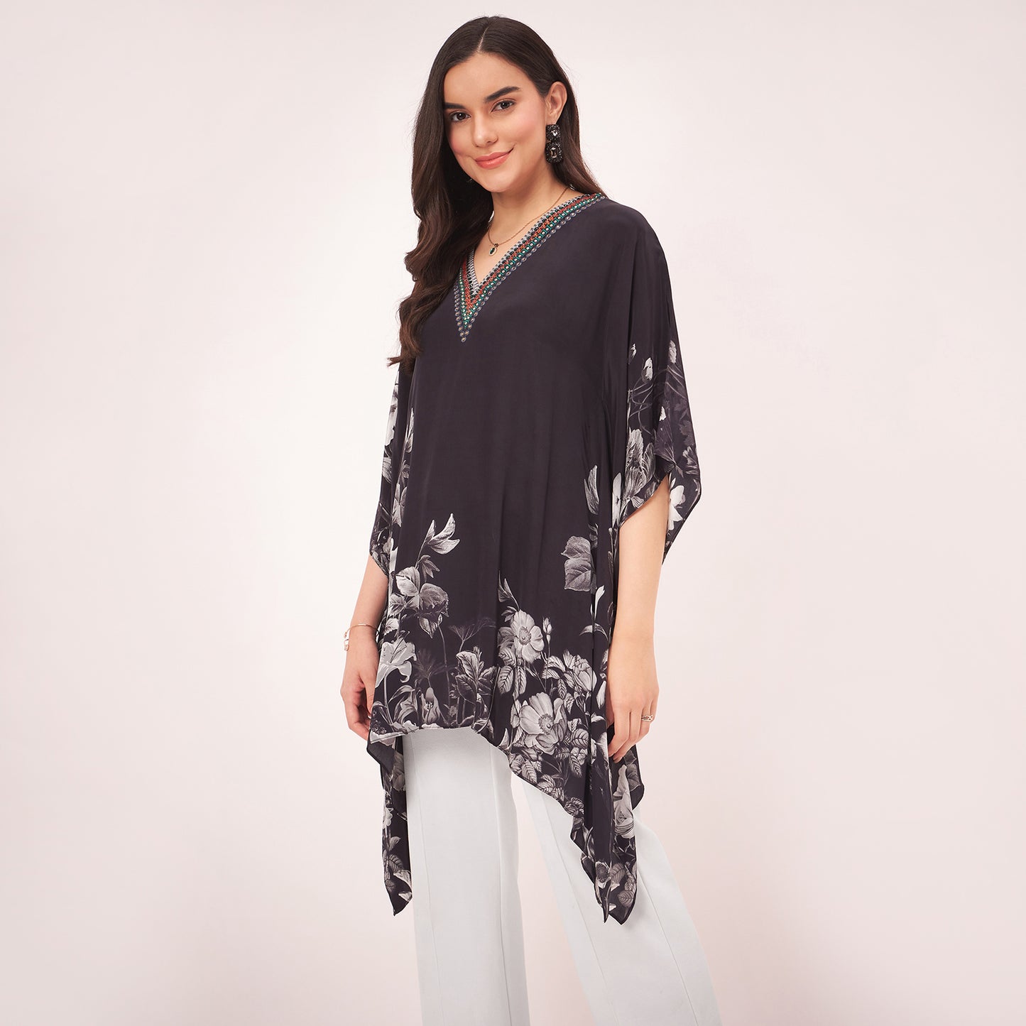 Black Embellished Floral Kaftan Top