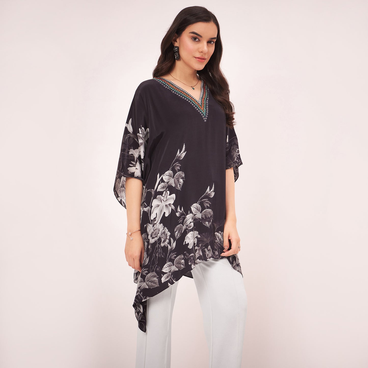 Black Embellished Floral Kaftan Top