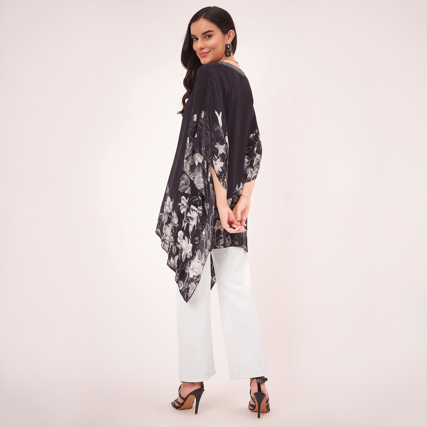 Black Embellished Floral Kaftan Top