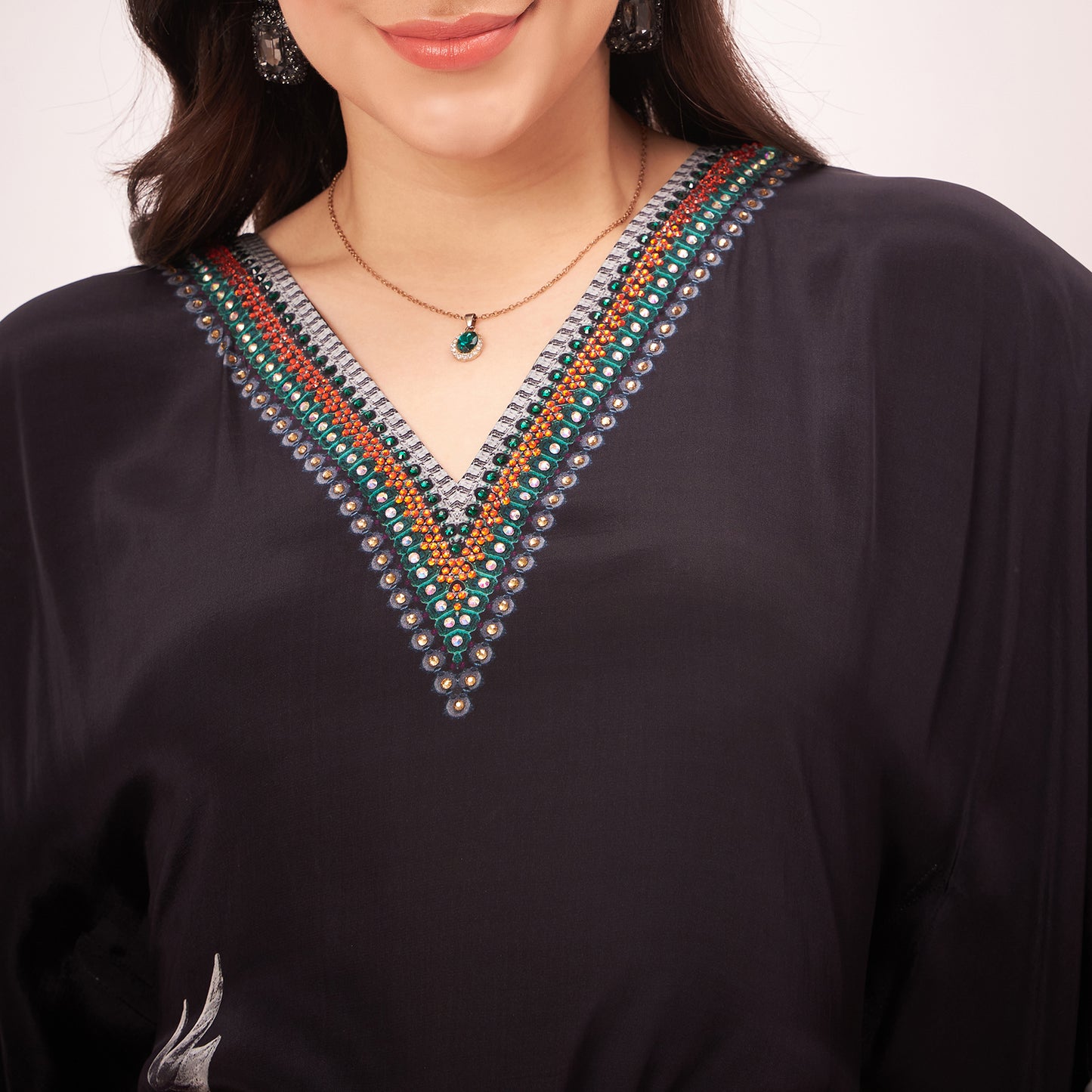 Black Embellished Floral Kaftan Top