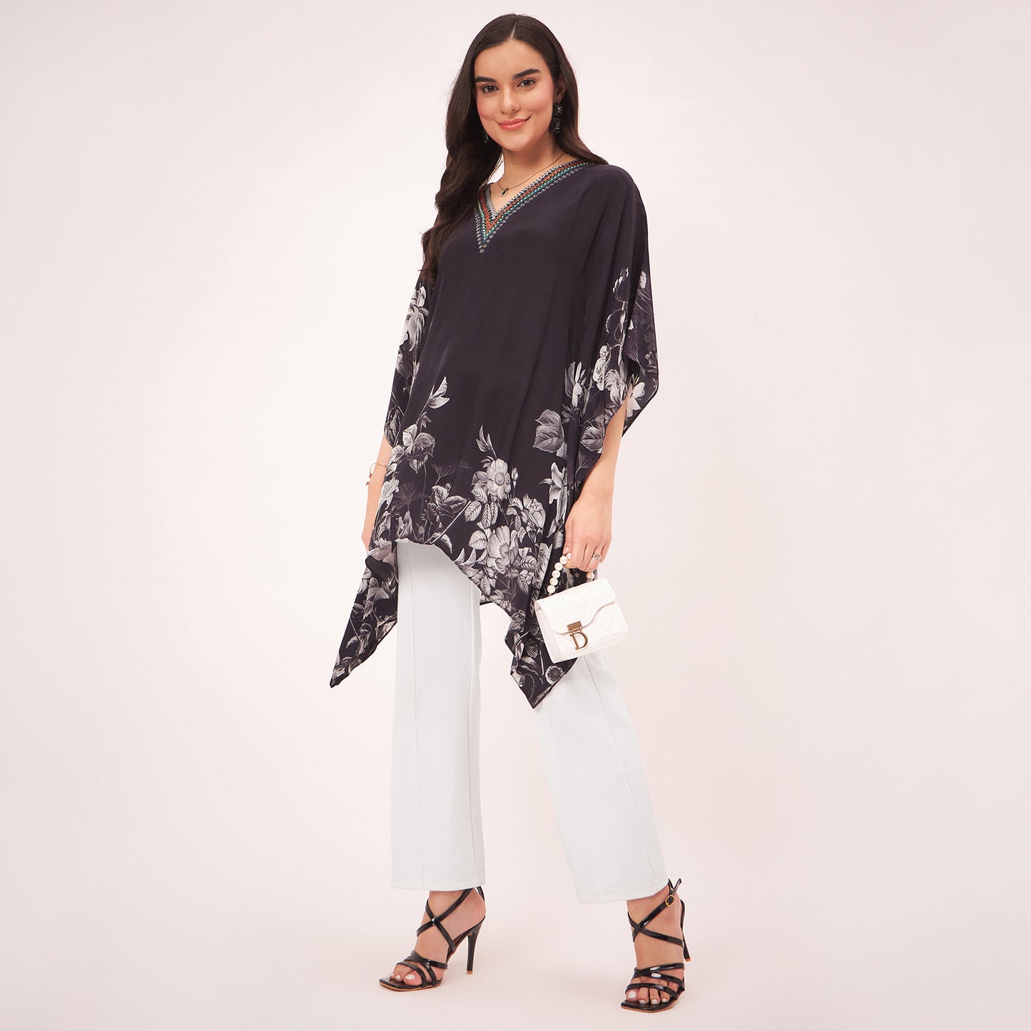 Black Embellished Floral Kaftan Top