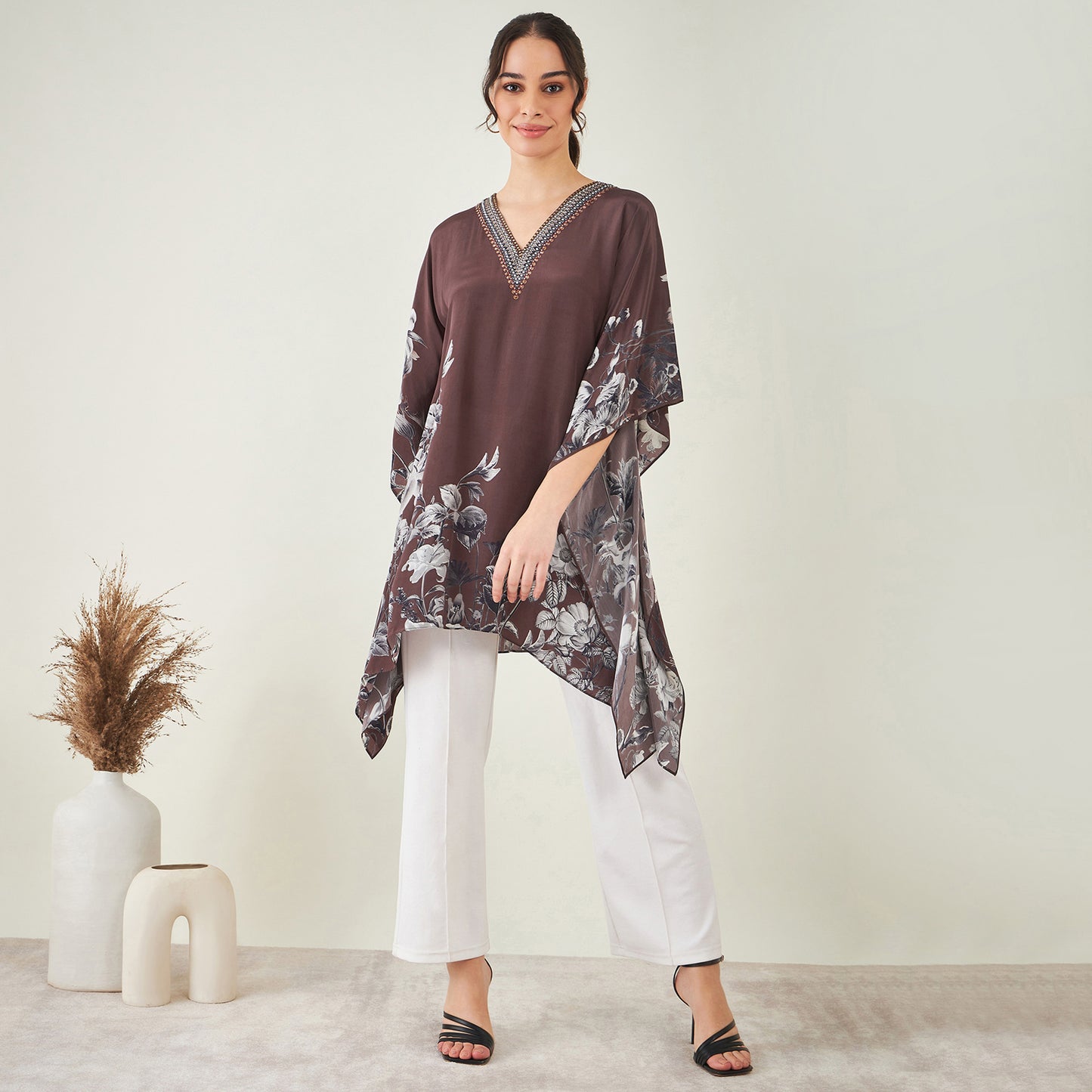Brown Embellished Floral Kaftan Top