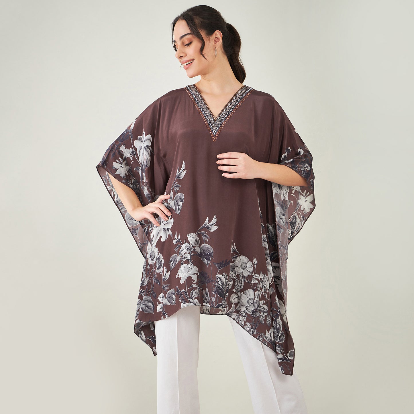 Brown Embellished Floral Kaftan Top