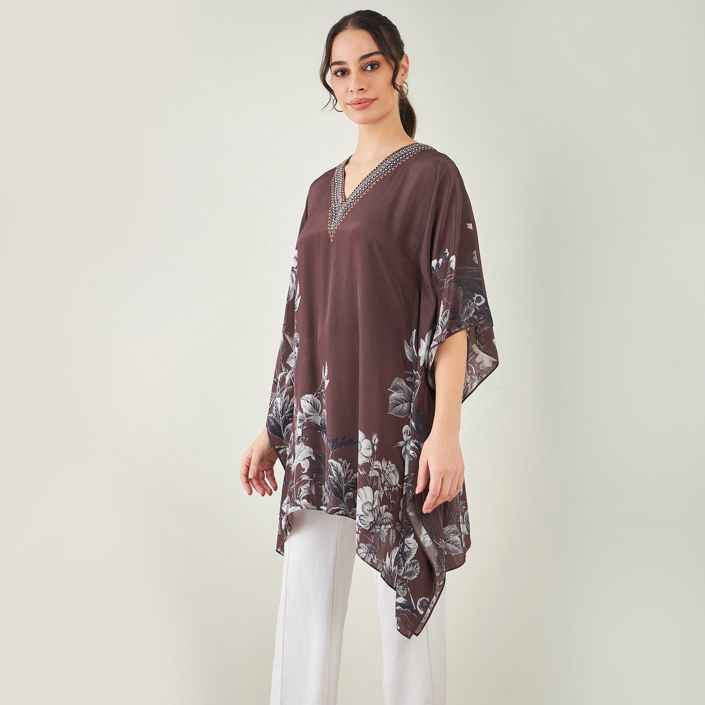 Brown Embellished Floral Kaftan Top