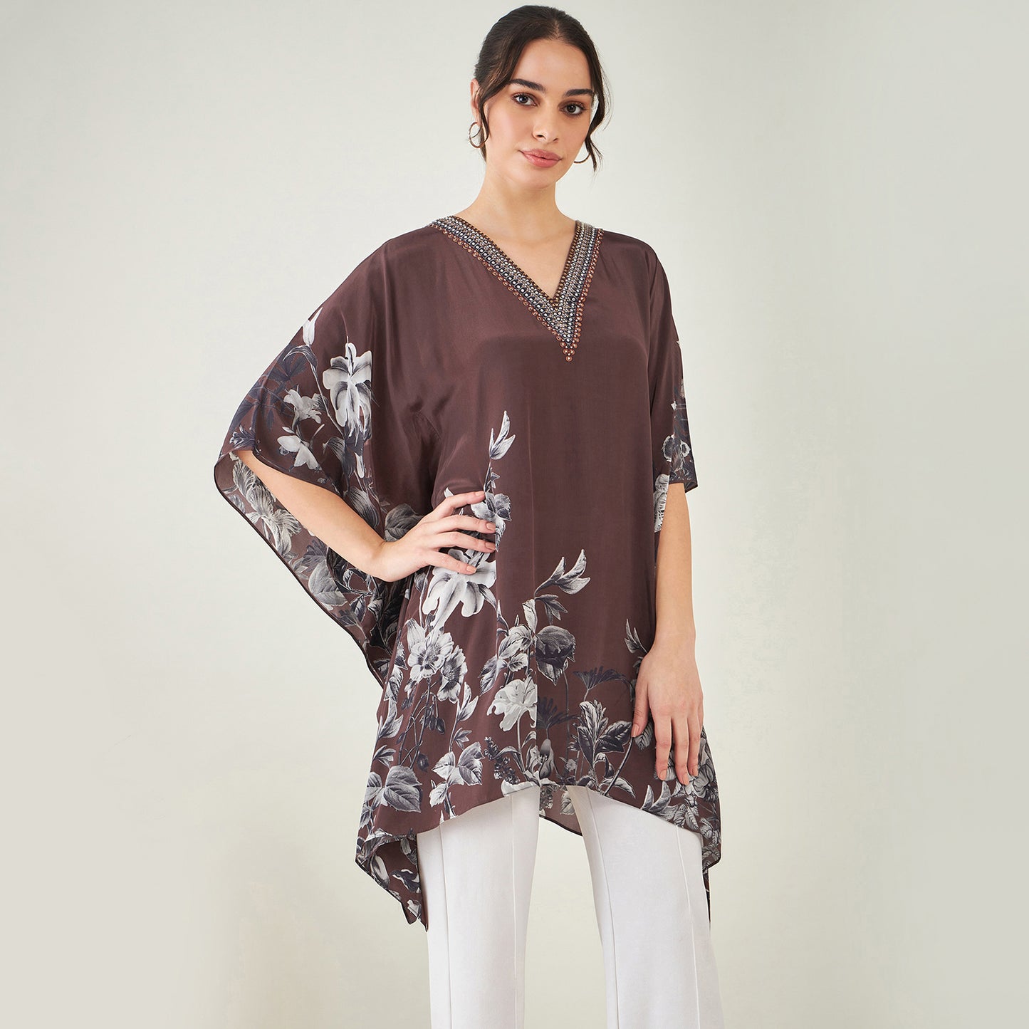 Brown Embellished Floral Kaftan Top