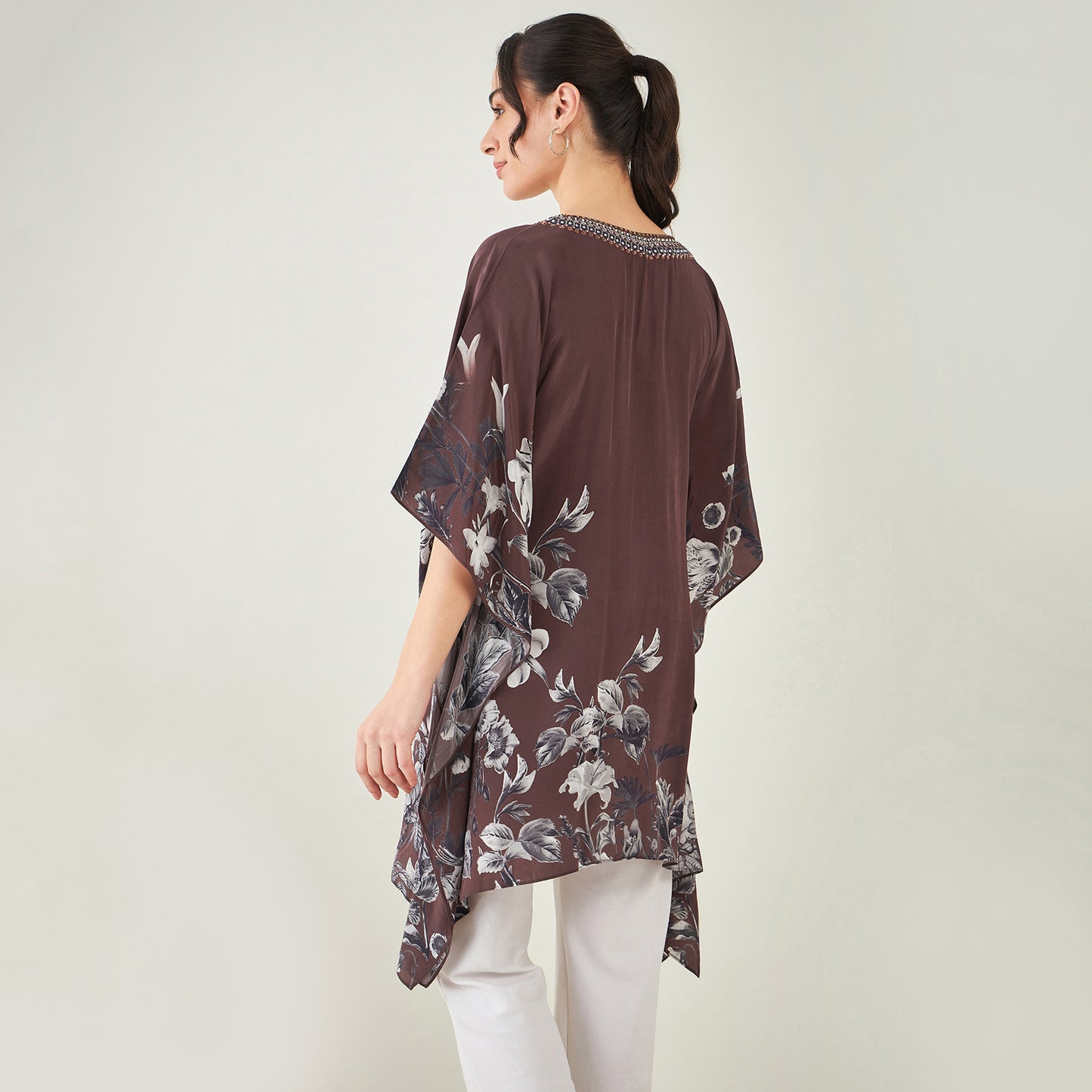 Brown Embellished Floral Kaftan Top
