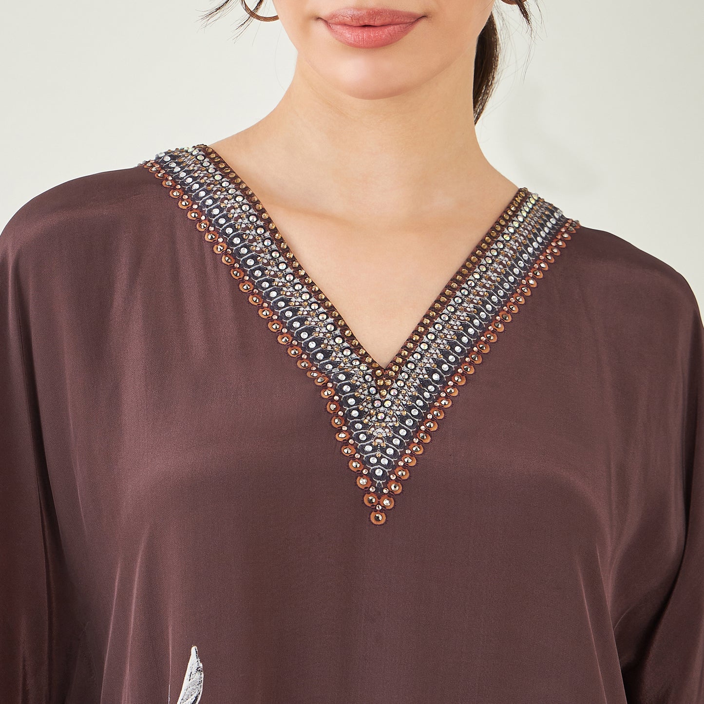 Brown Embellished Floral Kaftan Top