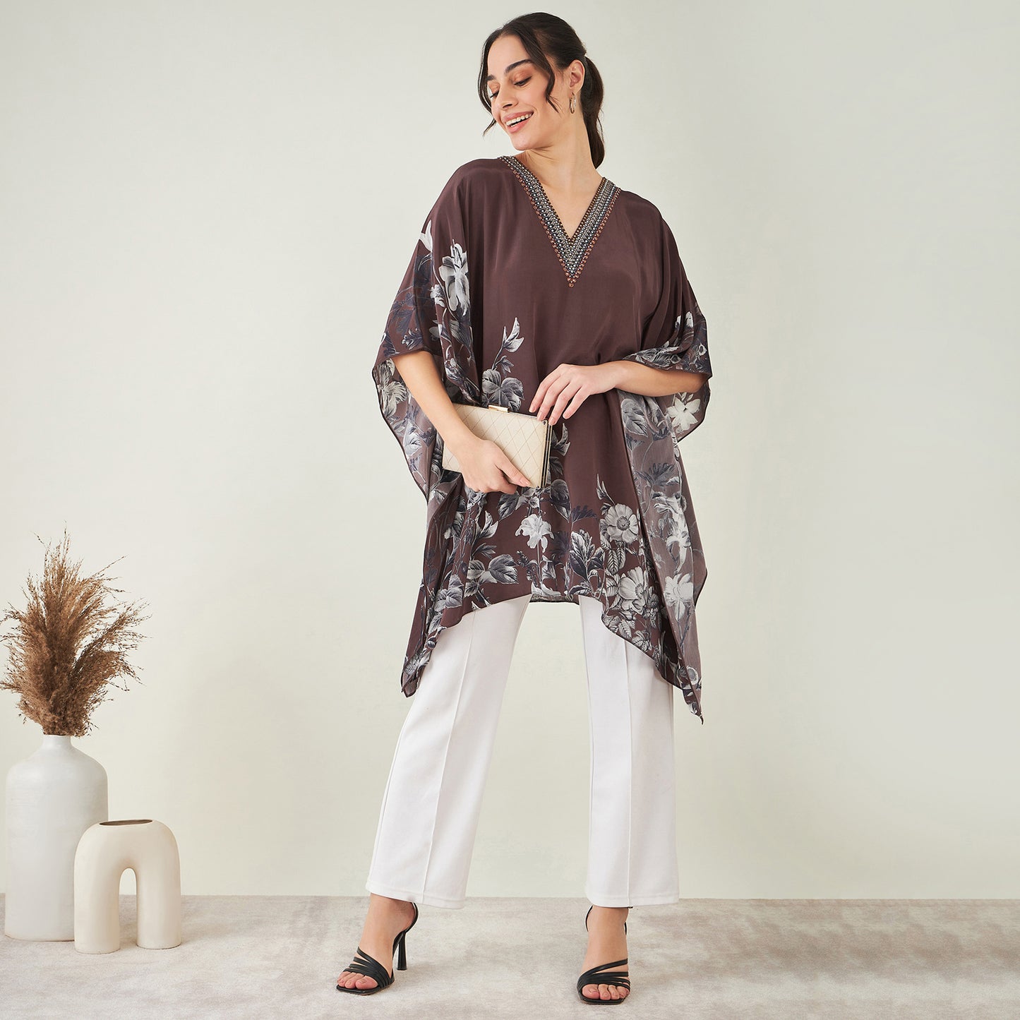 Brown Embellished Floral Kaftan Top