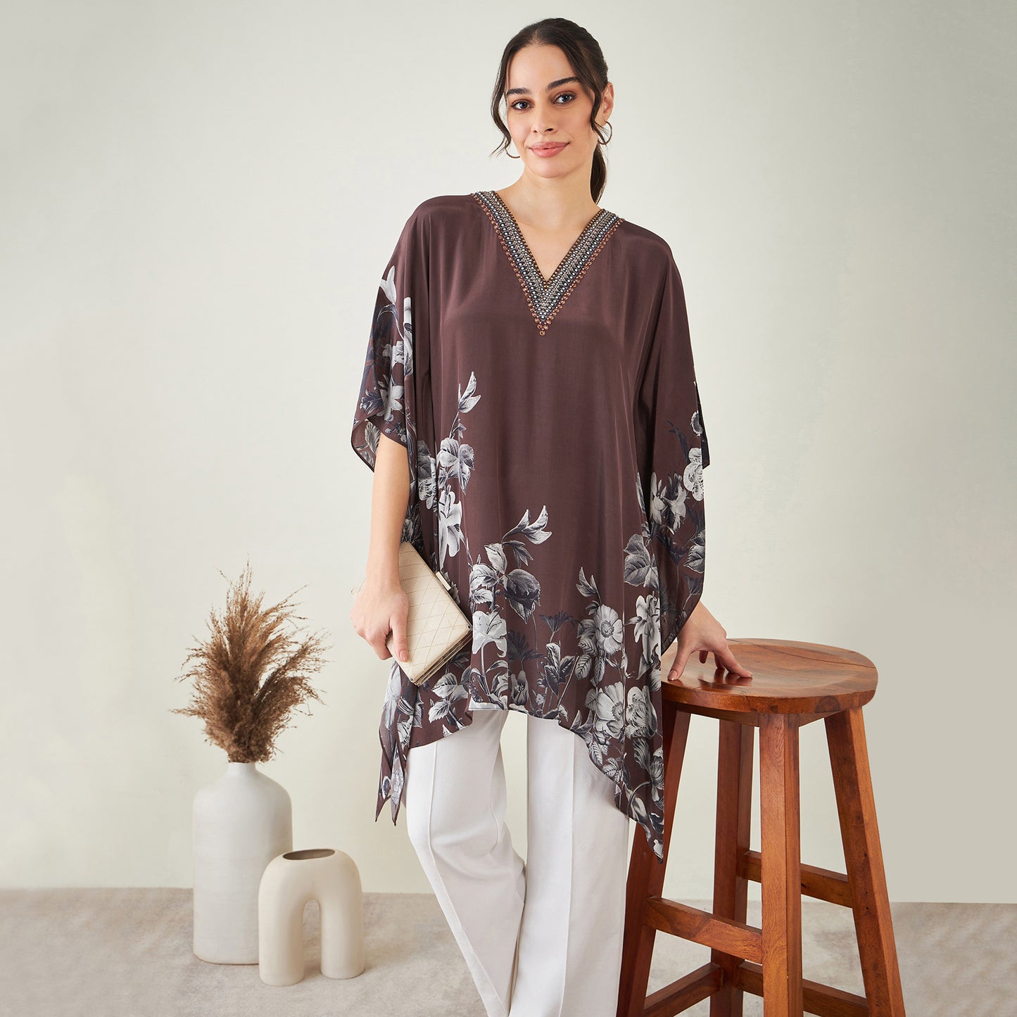 Brown Embellished Floral Kaftan Top