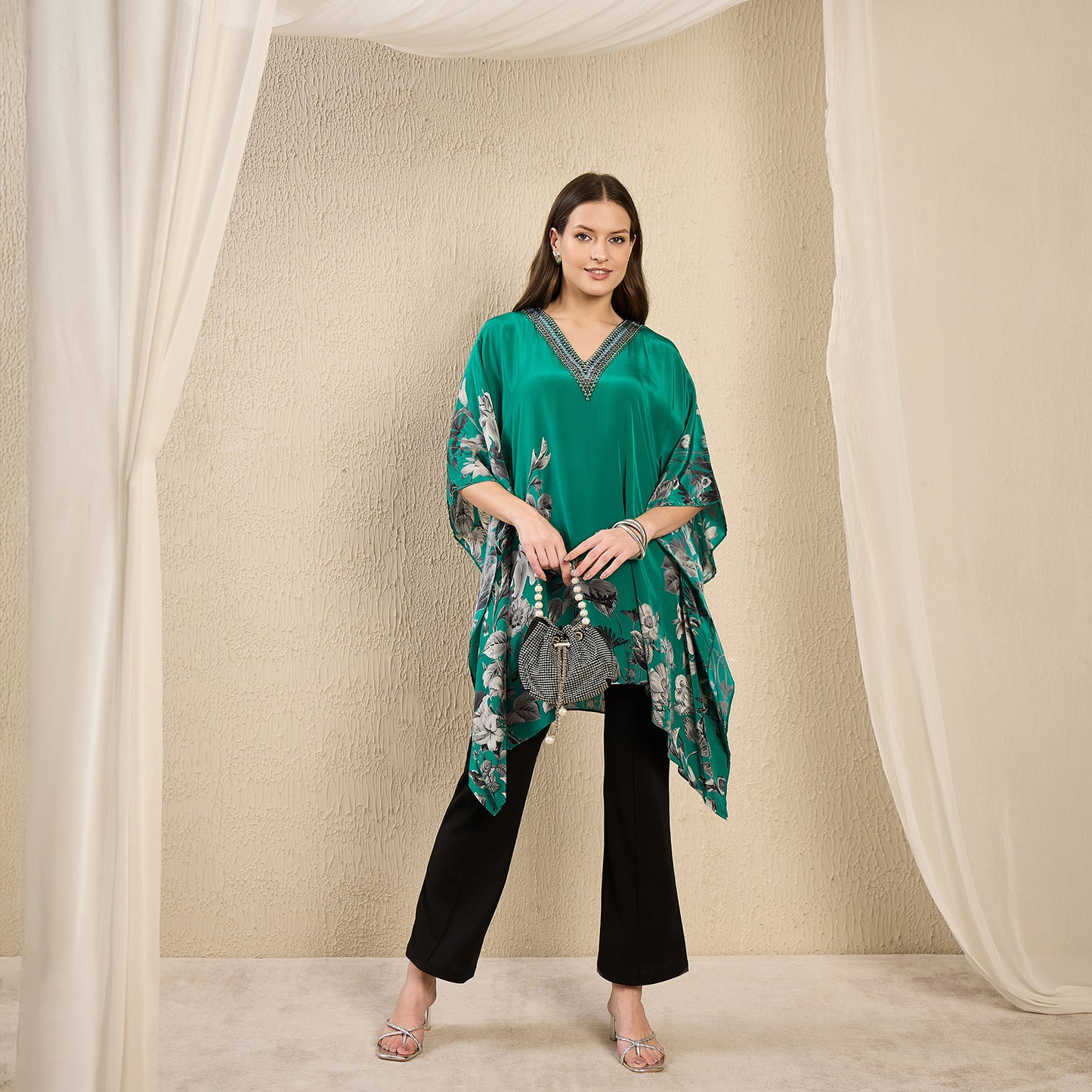 Emerald Floral Print Kaftan for Women – Embellished – Front View | First Resort by Ramola Bachchan