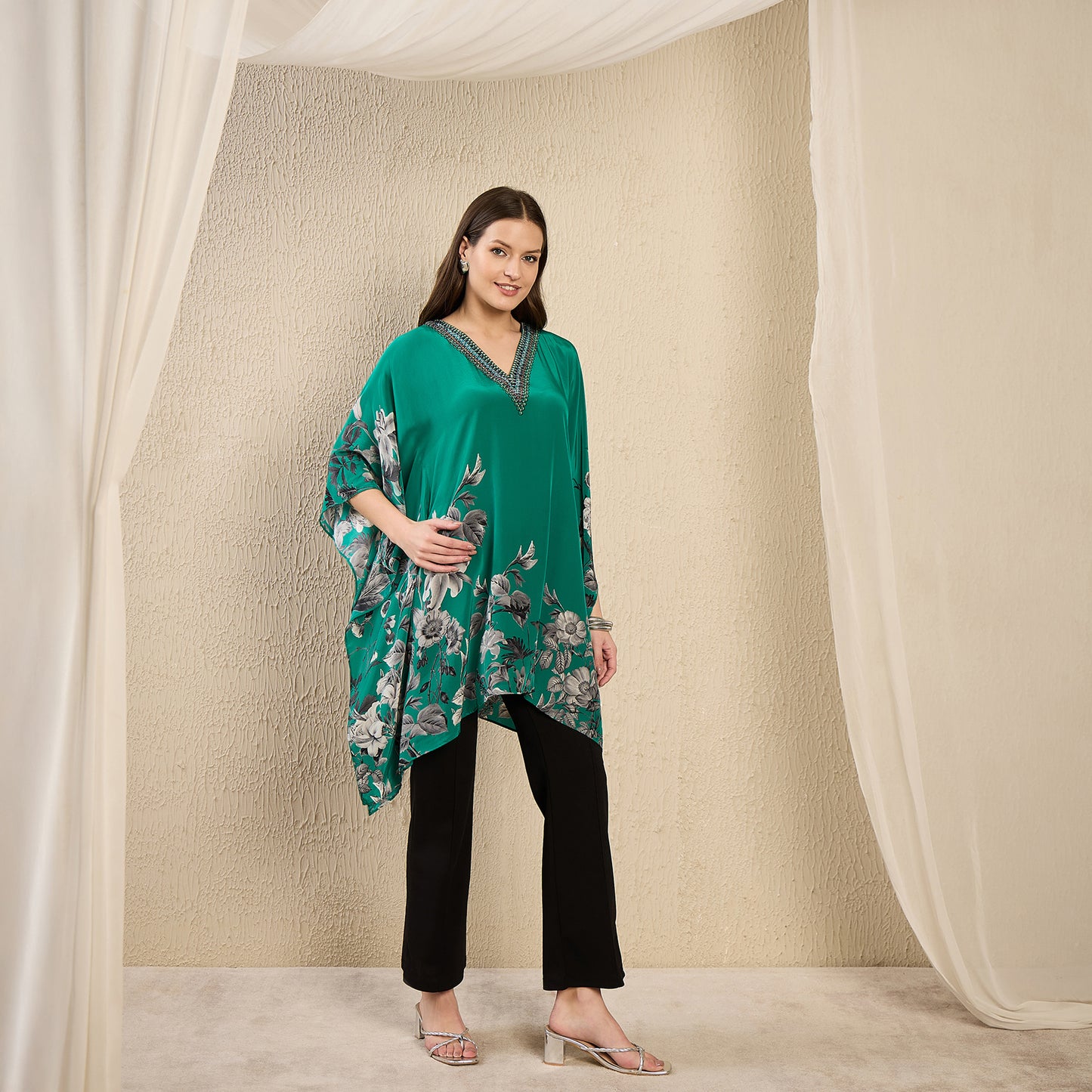 Emerald Floral Print Kaftan for Women – Embellished – Model View | First Resort by Ramola Bachchan