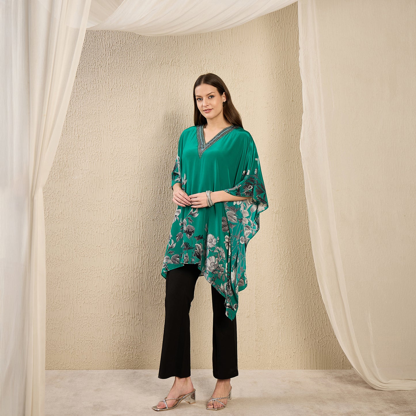 Emerald Floral Print Kaftan for Women – Embellished – Side View | First Resort by Ramola Bachchan