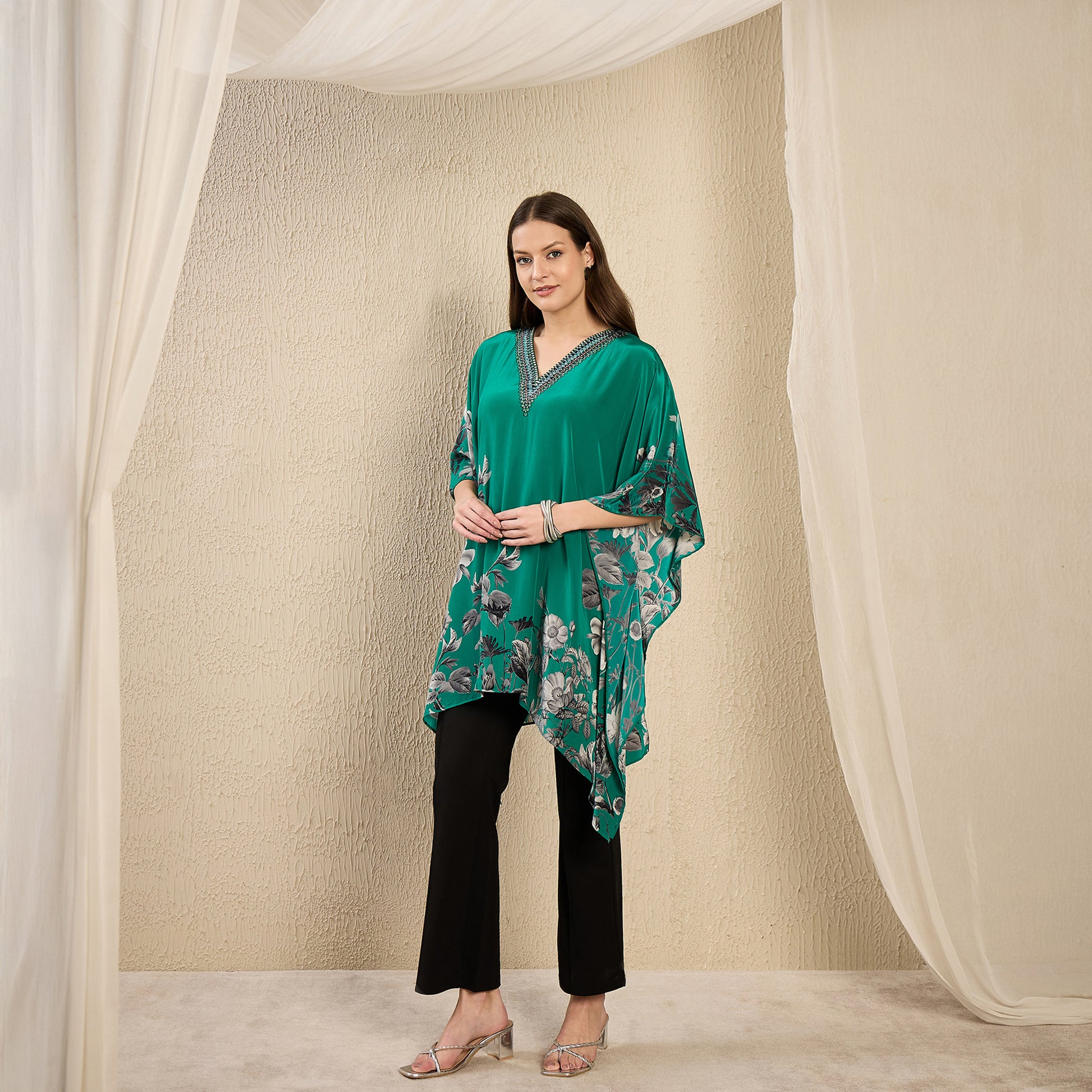 Emerald Floral Print Kaftan for Women – Embellished – Side View | First Resort by Ramola Bachchan