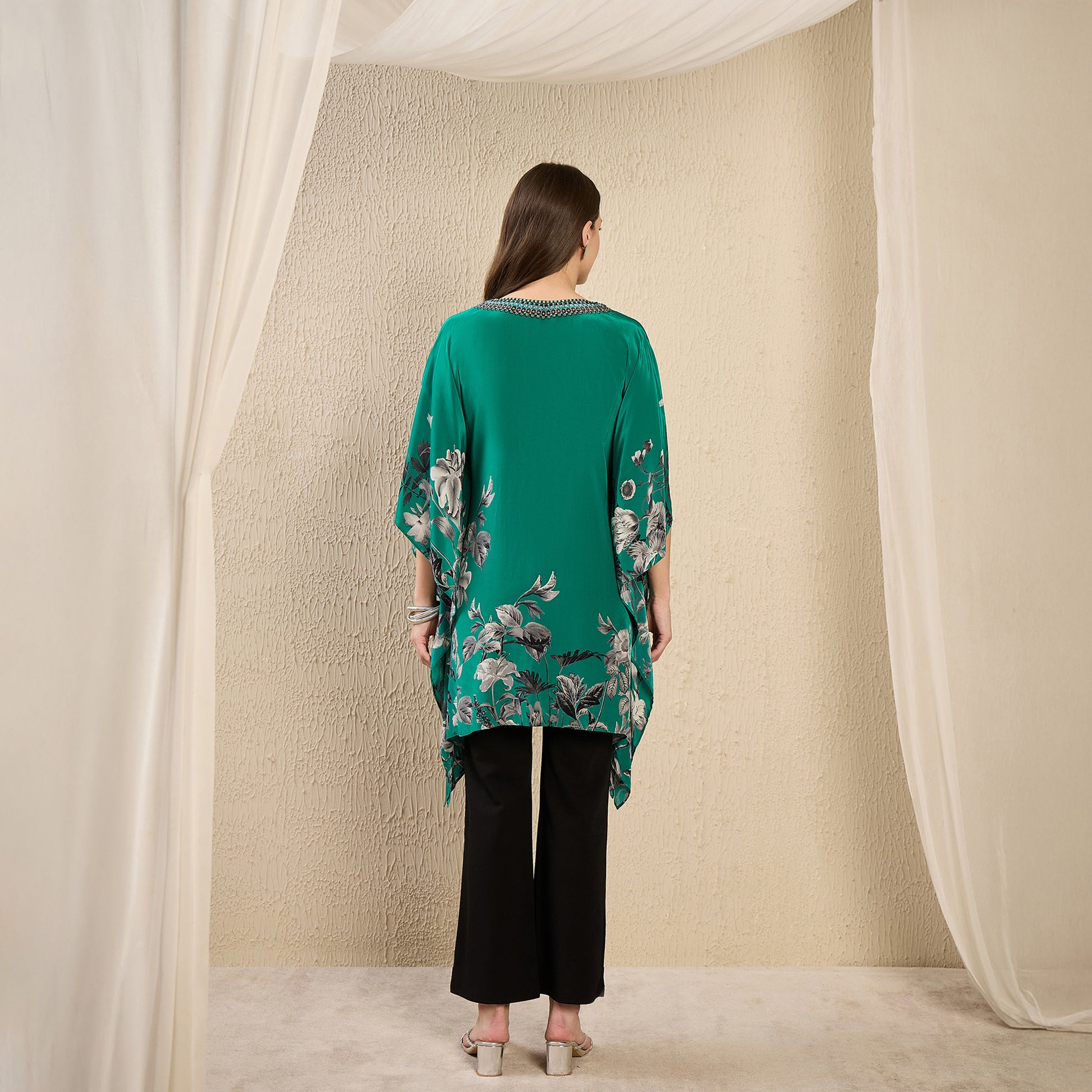 Emerald Floral Print Kaftan for Women – Embellished – Detail View | First Resort by Ramola Bachchan