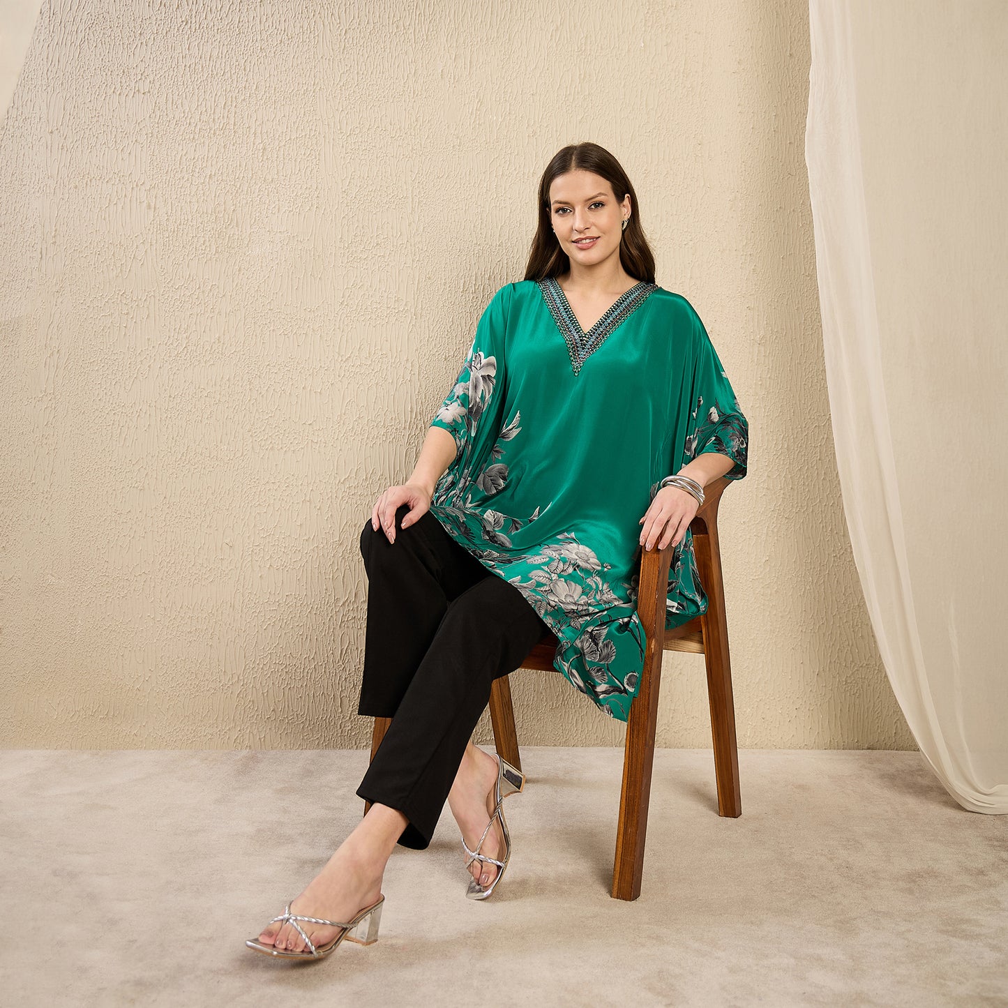 Emerald Floral Print Kaftan for Women – Embellished – Close Up | First Resort by Ramola Bachchan