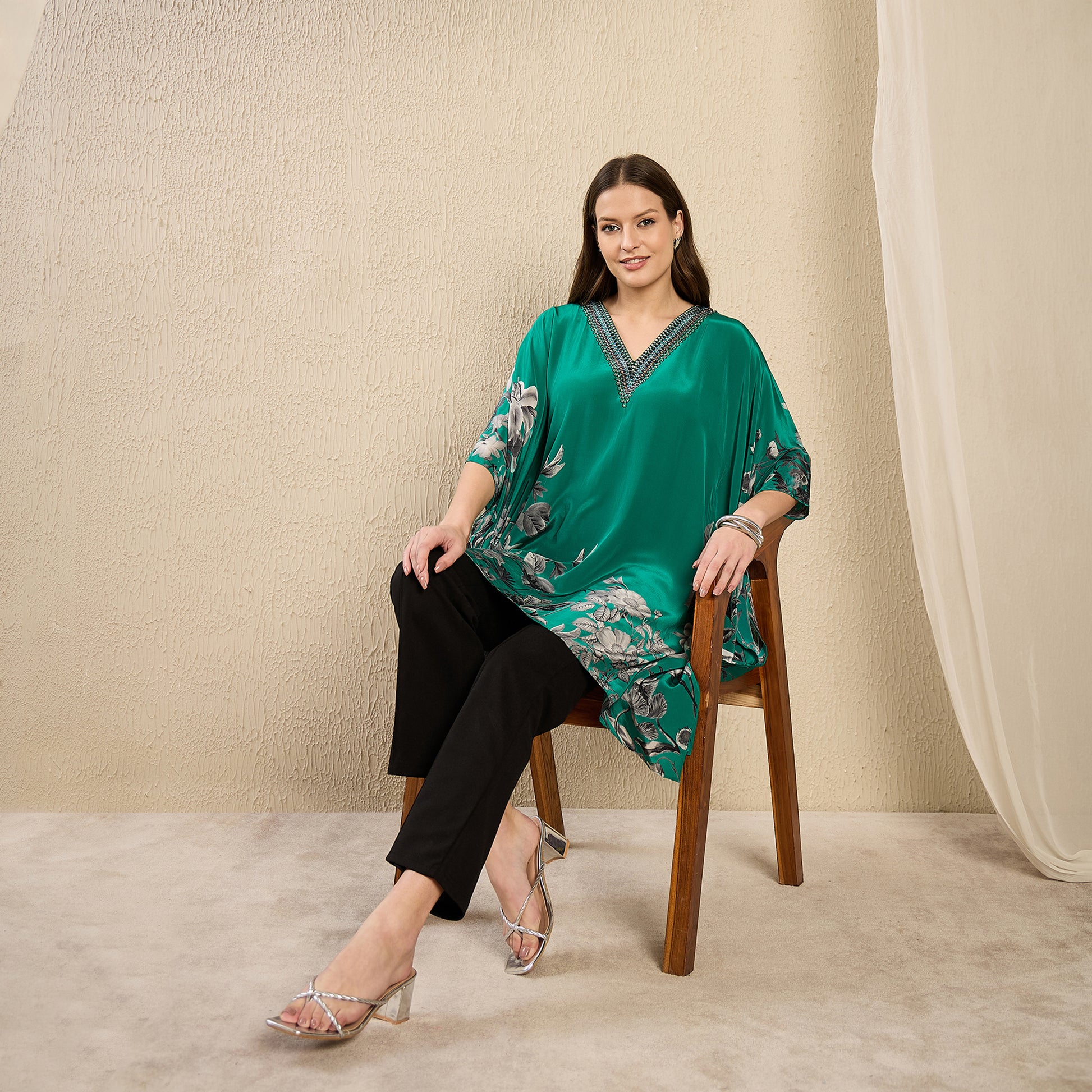 Emerald Floral Print Kaftan for Women – Embellished – Close Up | First Resort by Ramola Bachchan