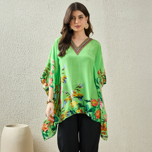 Light Green Embellished Floral Kaftan Top