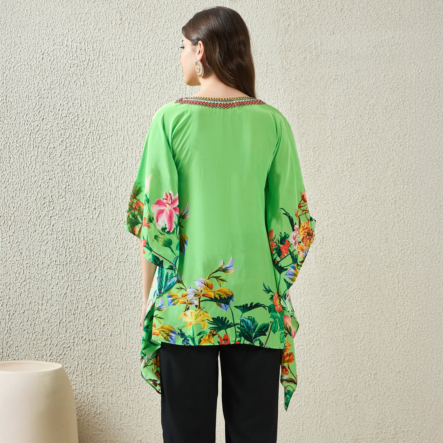 Light Green Embellished Floral Kaftan Top