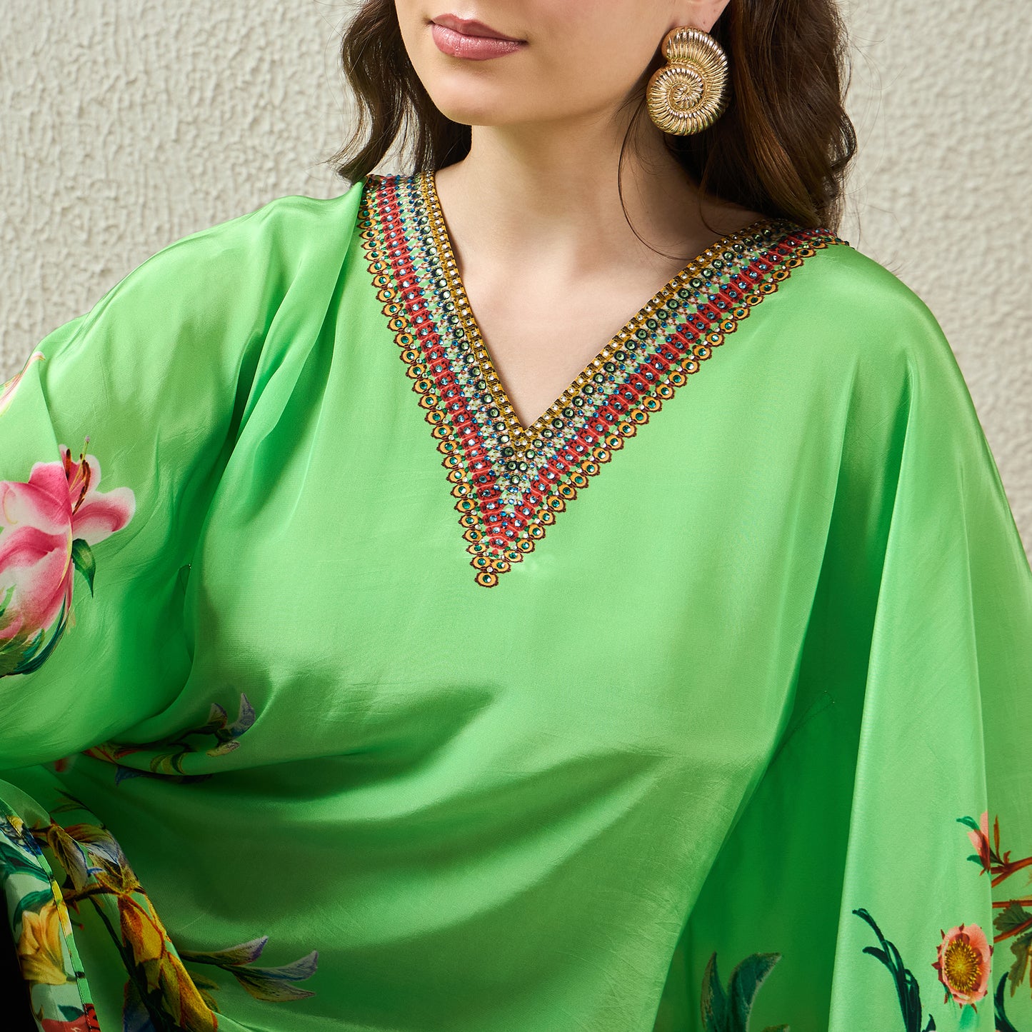 Light Green Embellished Floral Kaftan Top