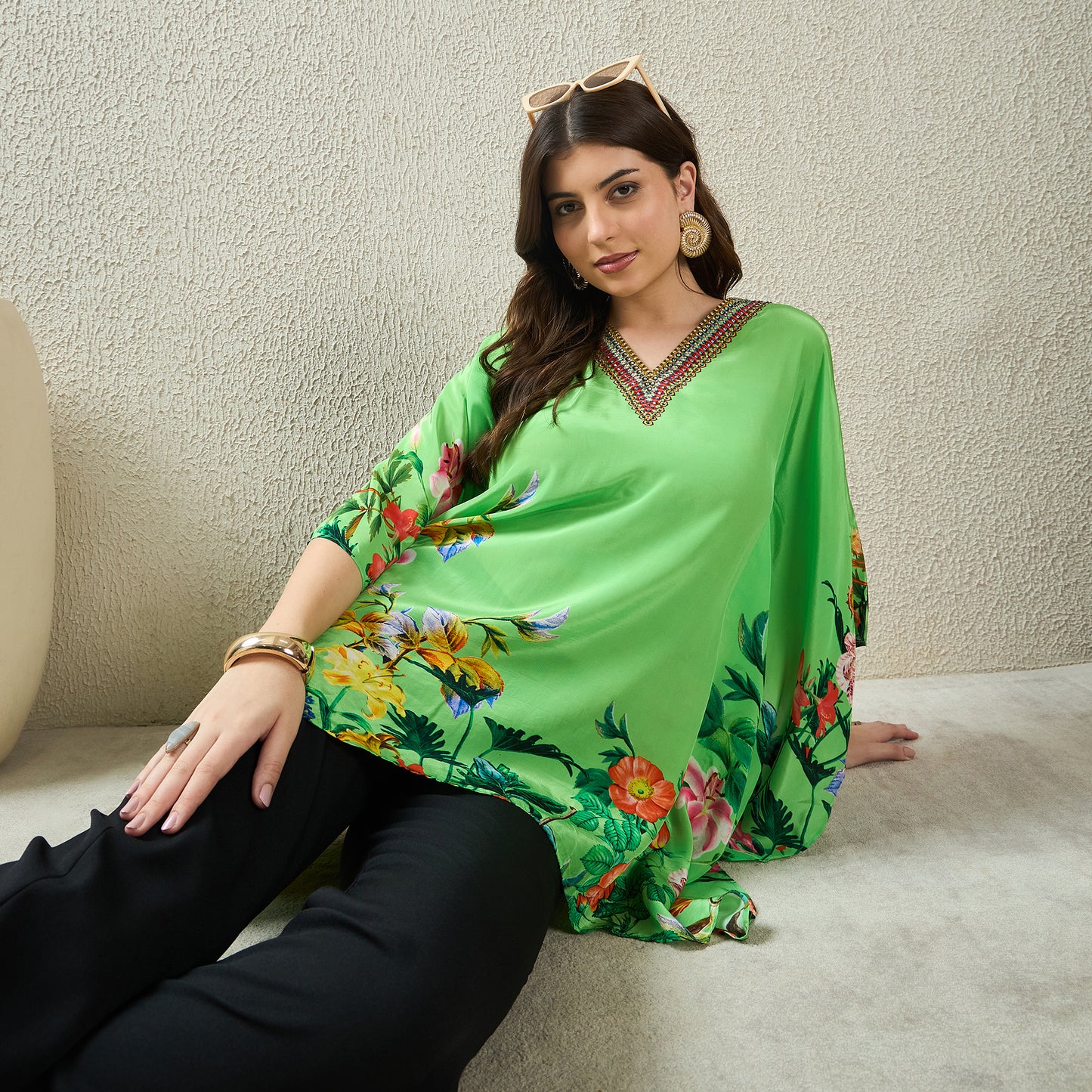 Light Green Embellished Floral Kaftan Top