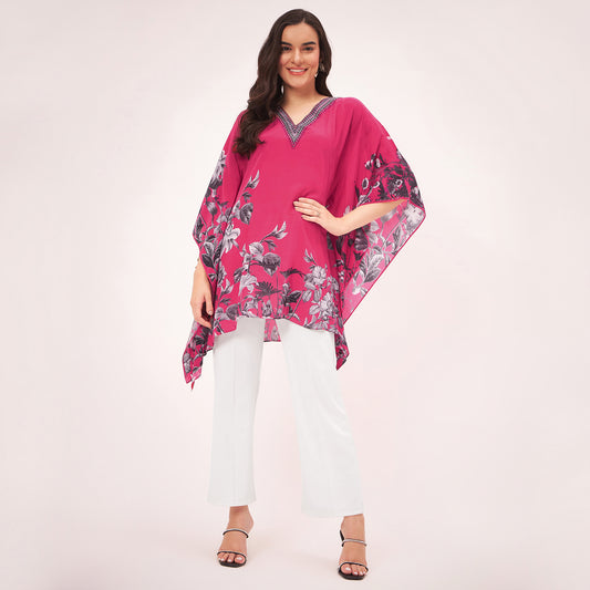 Maroon Embellished Floral Kaftan Top