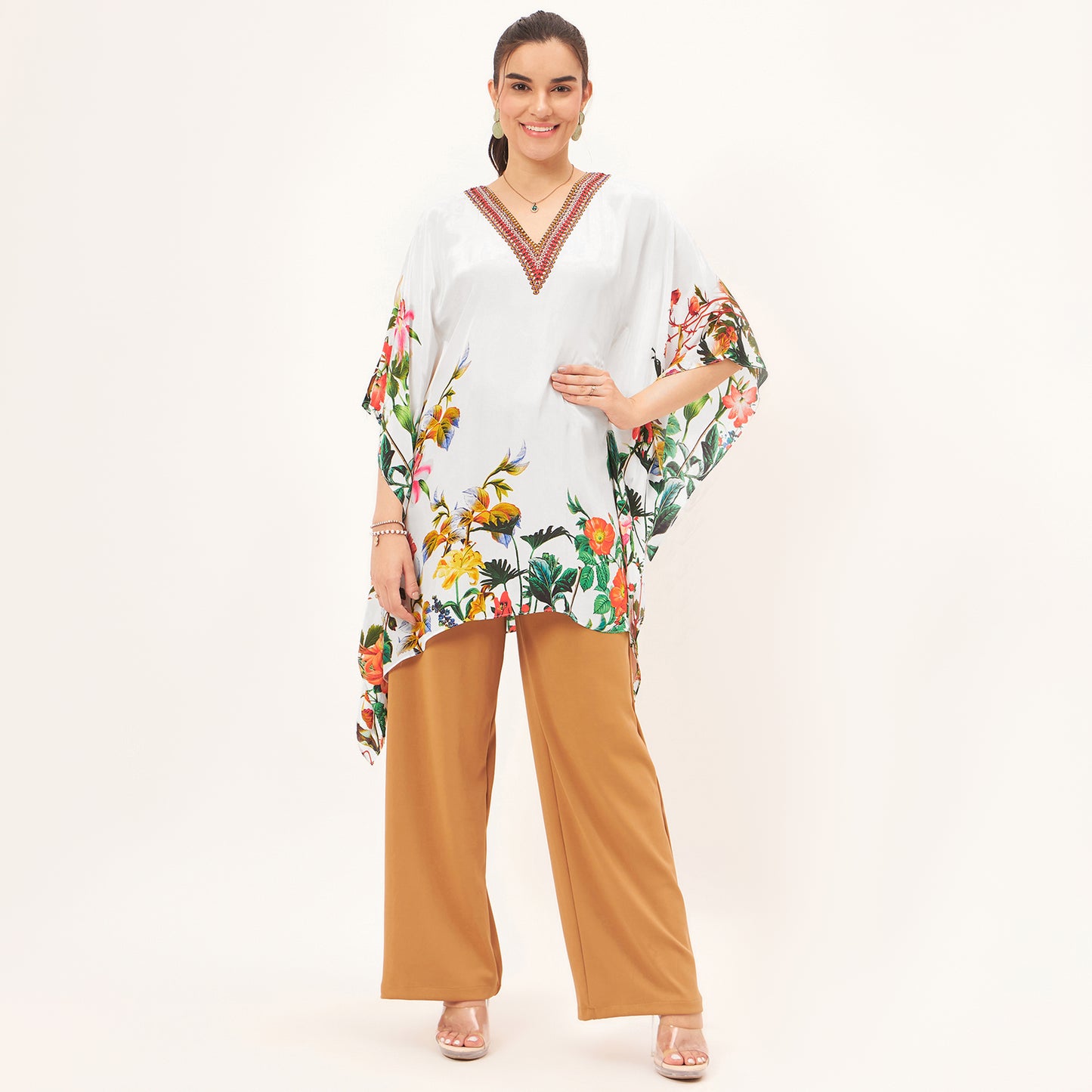 Multicoloured Embellished Floral Kaftan Top