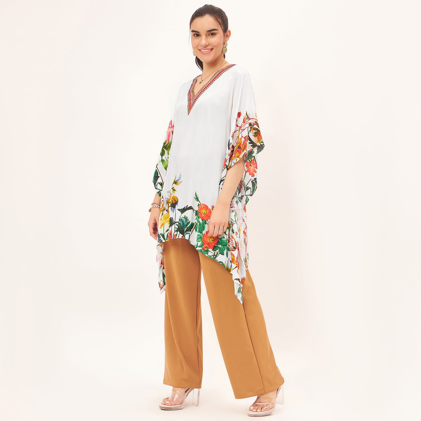 Multicoloured Embellished Floral Kaftan Top