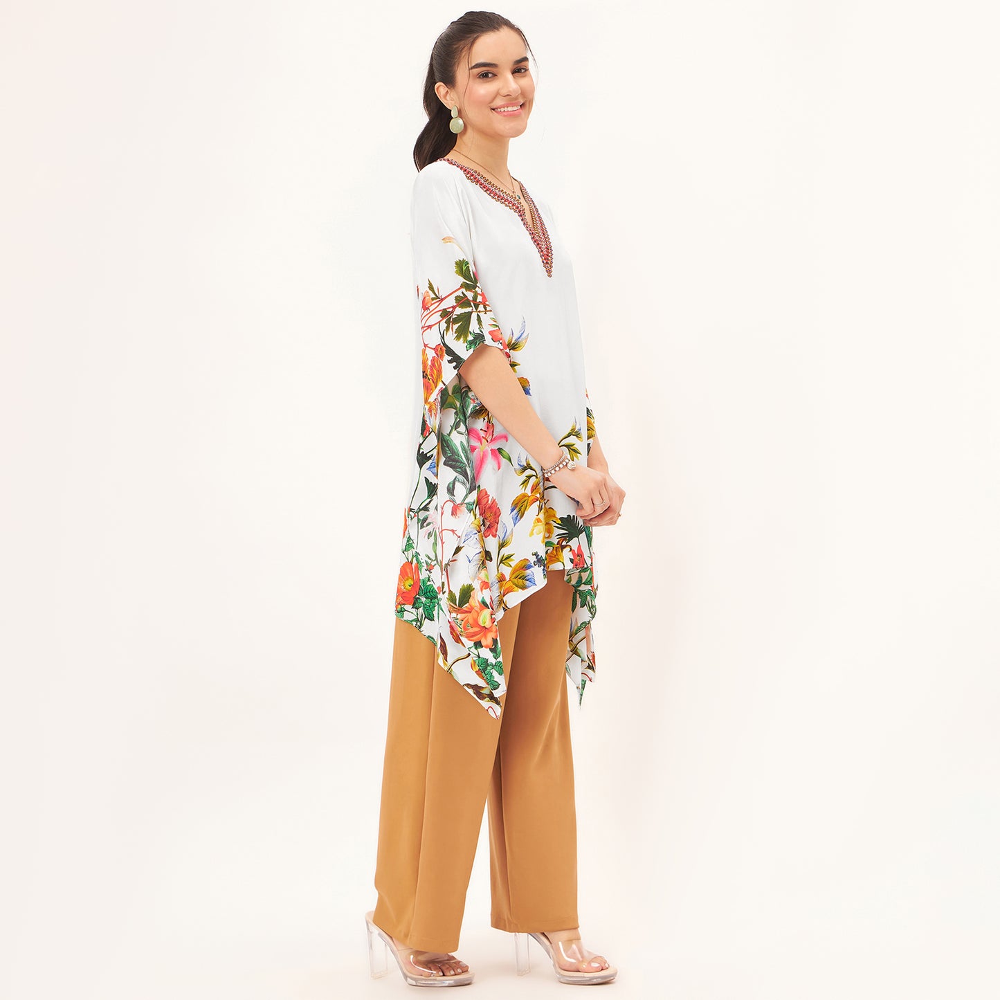 Multicoloured Embellished Floral Kaftan Top