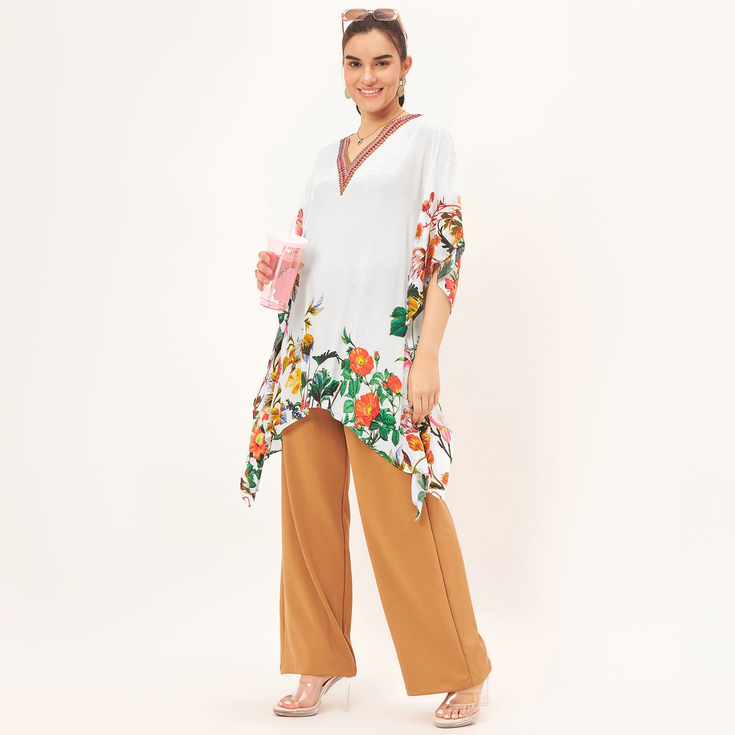 Multicoloured Embellished Floral Kaftan Top