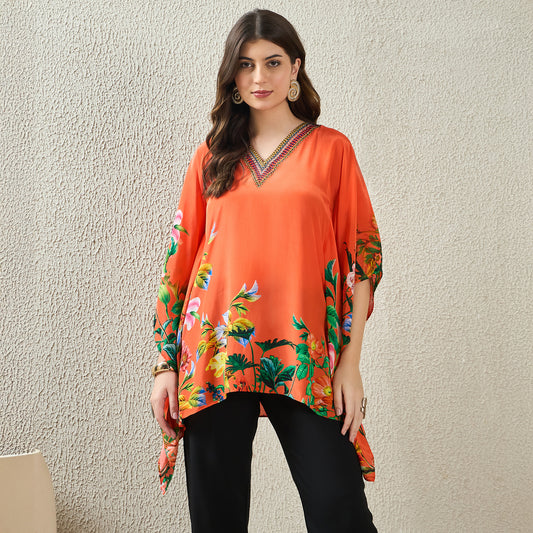 Orange Embellished Floral Kaftan Top