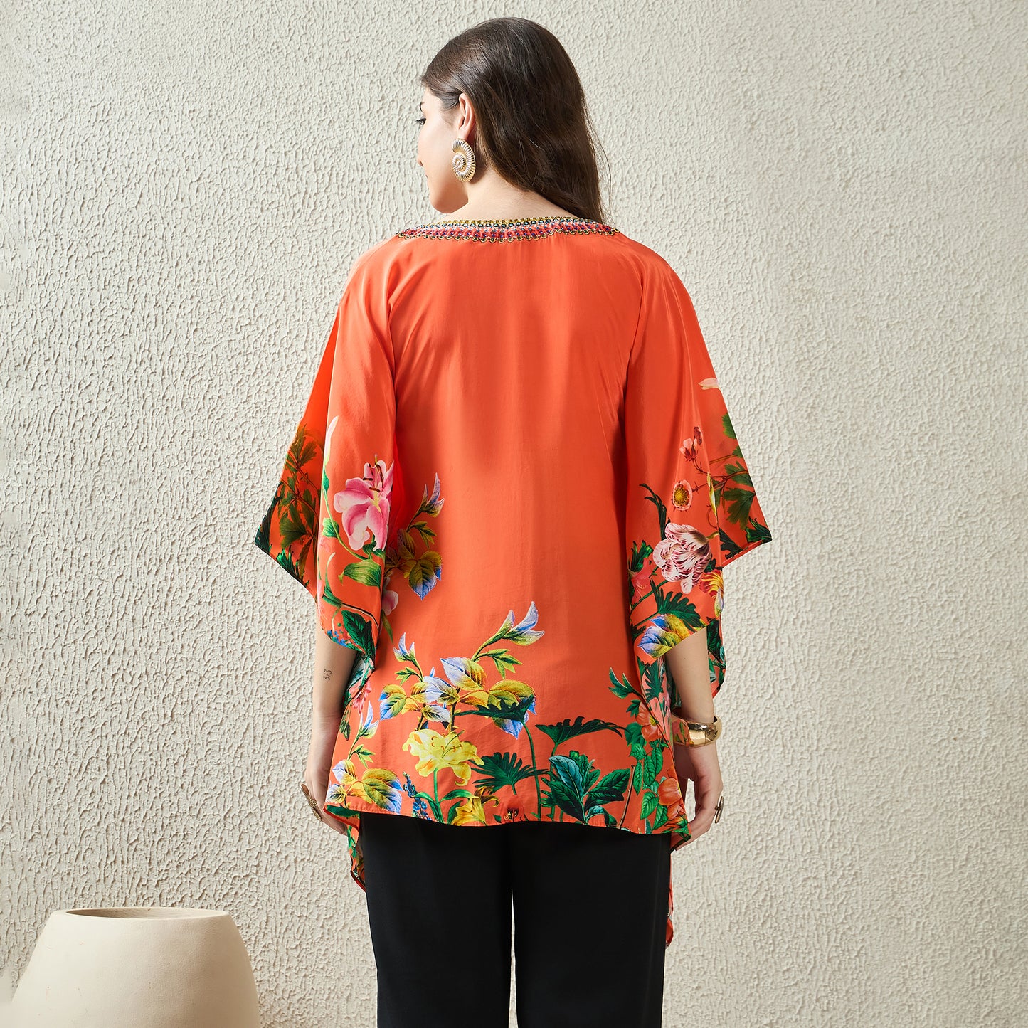 Orange Embellished Floral Kaftan Top
