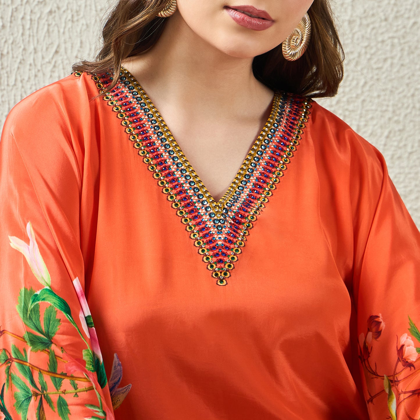Orange Embellished Floral Kaftan Top
