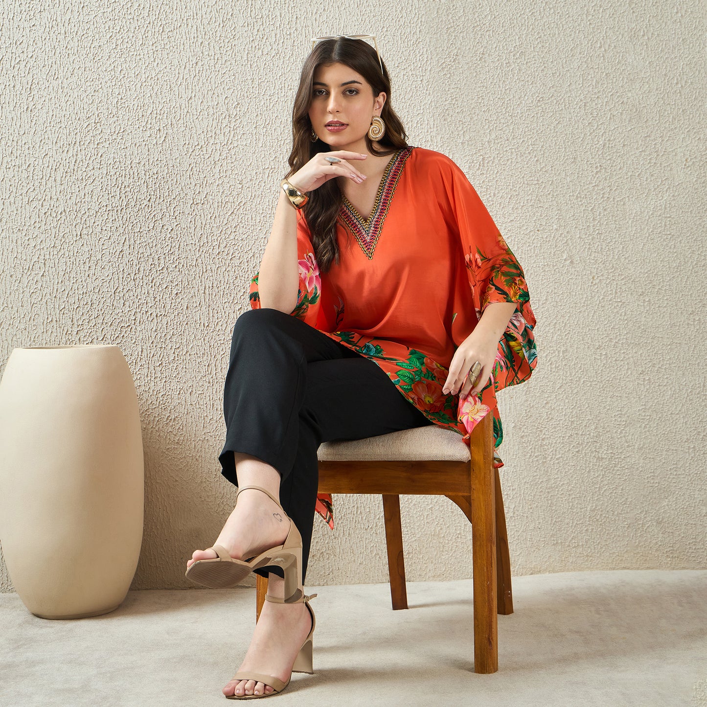 Orange Embellished Floral Kaftan Top