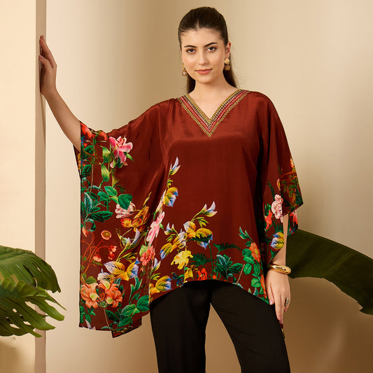 Taupe Embellished Floral Kaftan Top