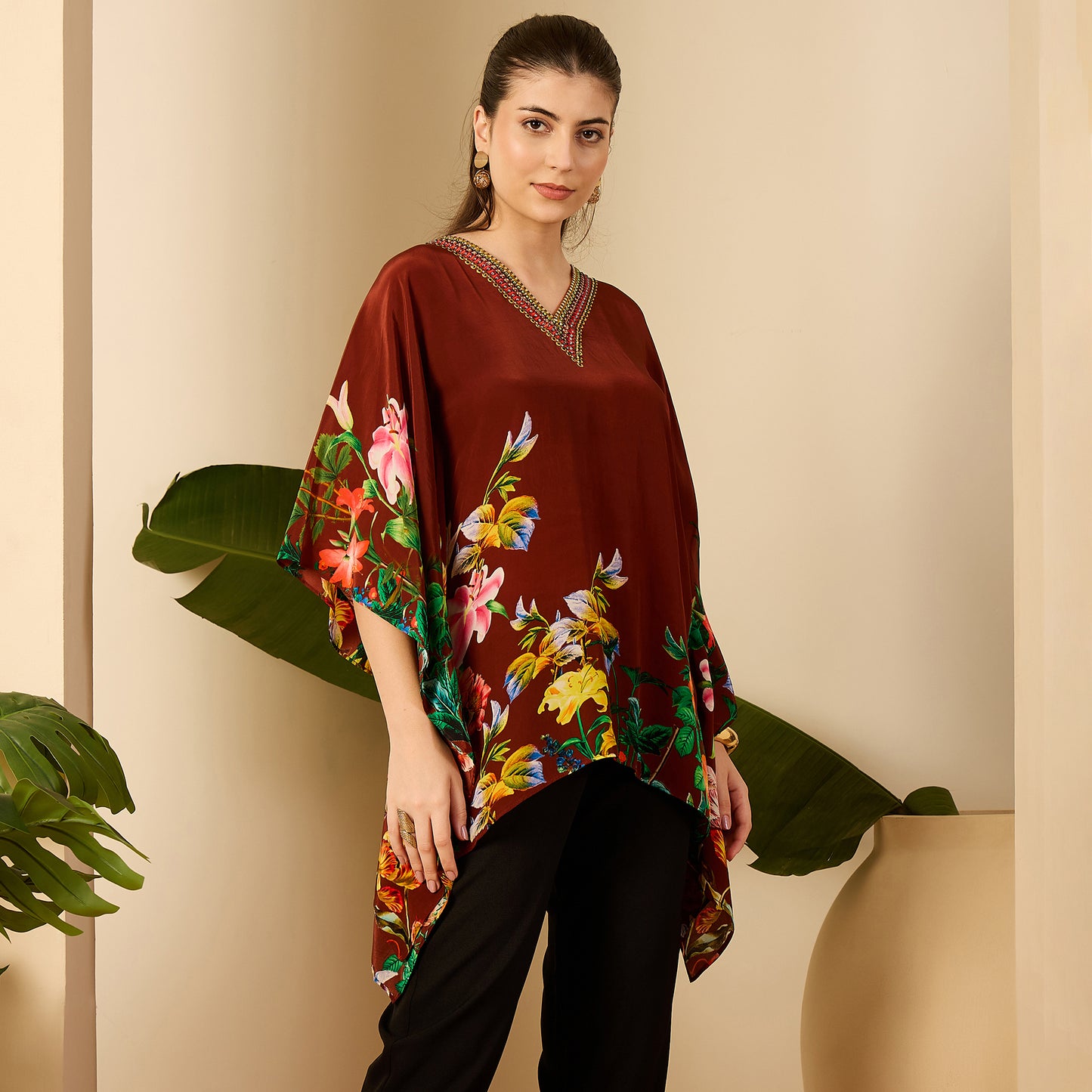 Taupe Embellished Floral Kaftan Top
