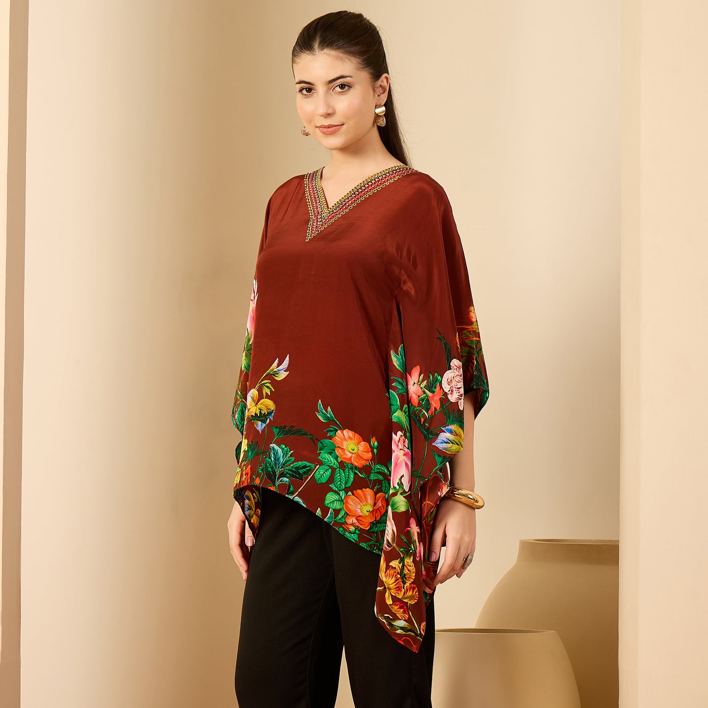 Taupe Embellished Floral Kaftan Top