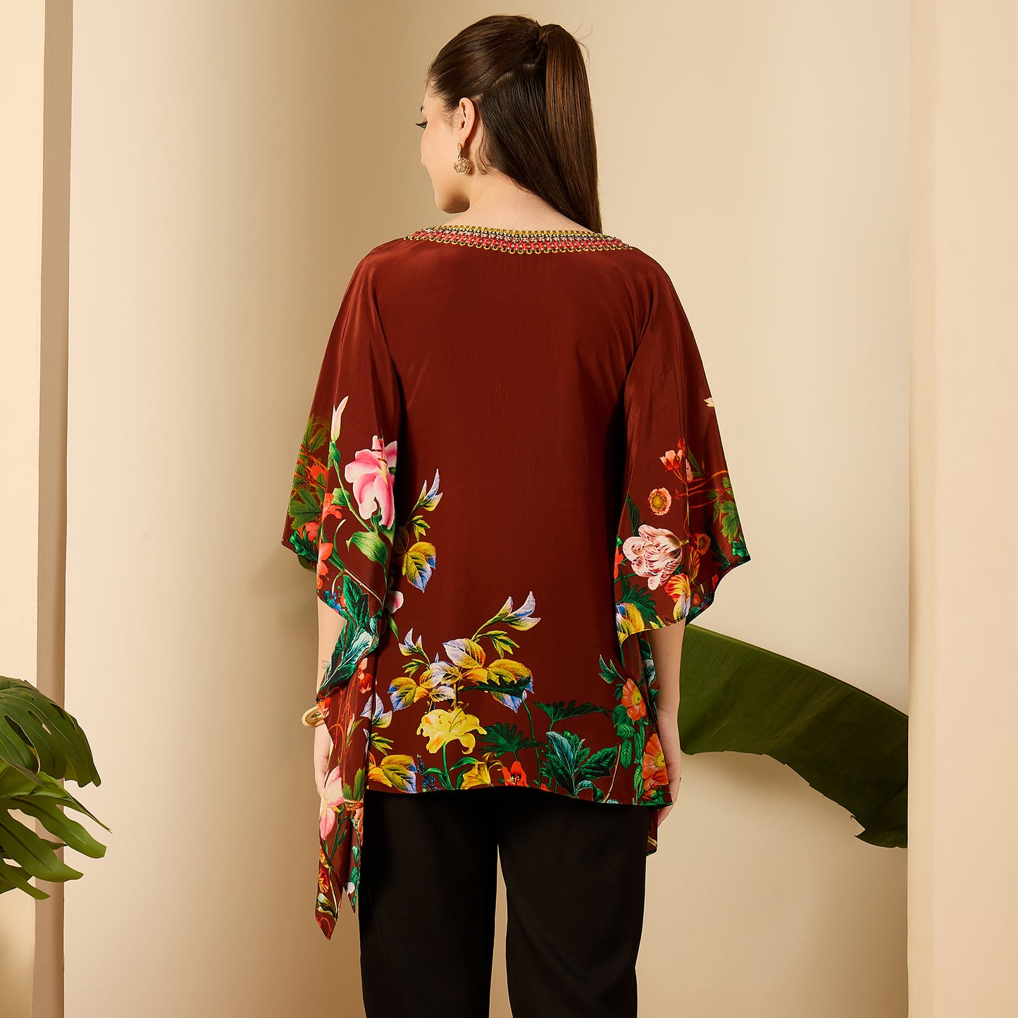 Taupe Embellished Floral Kaftan Top