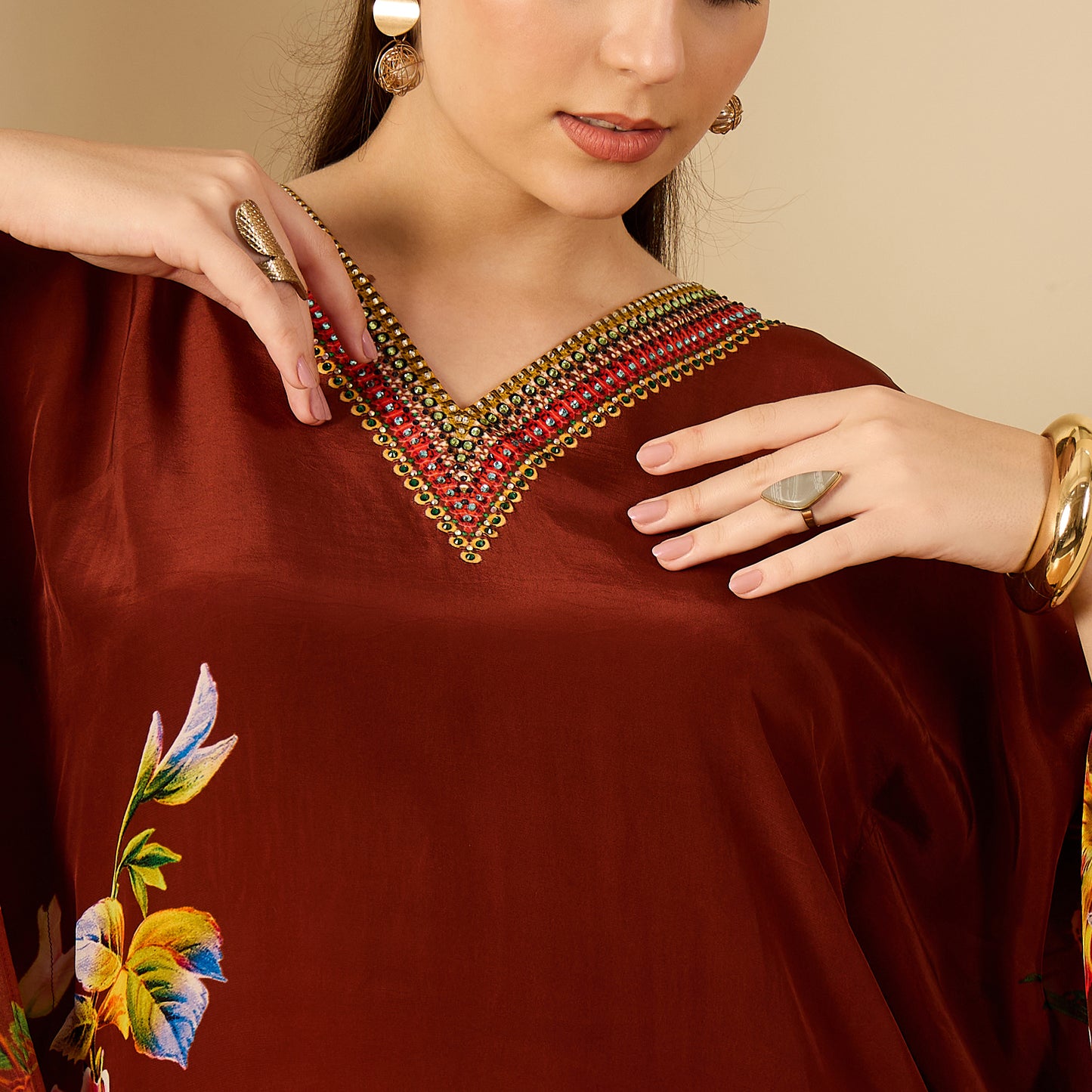 Taupe Embellished Floral Kaftan Top