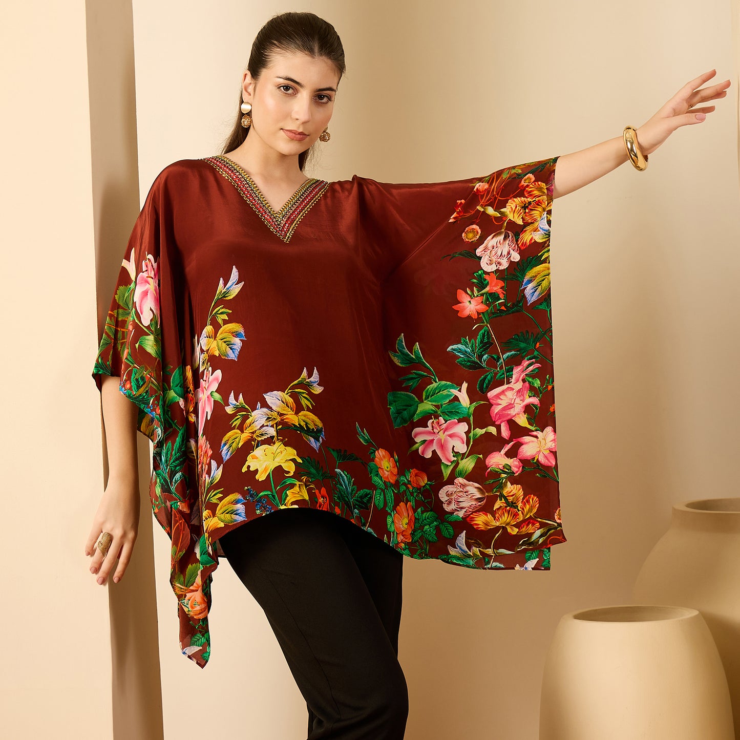 Taupe Embellished Floral Kaftan Top