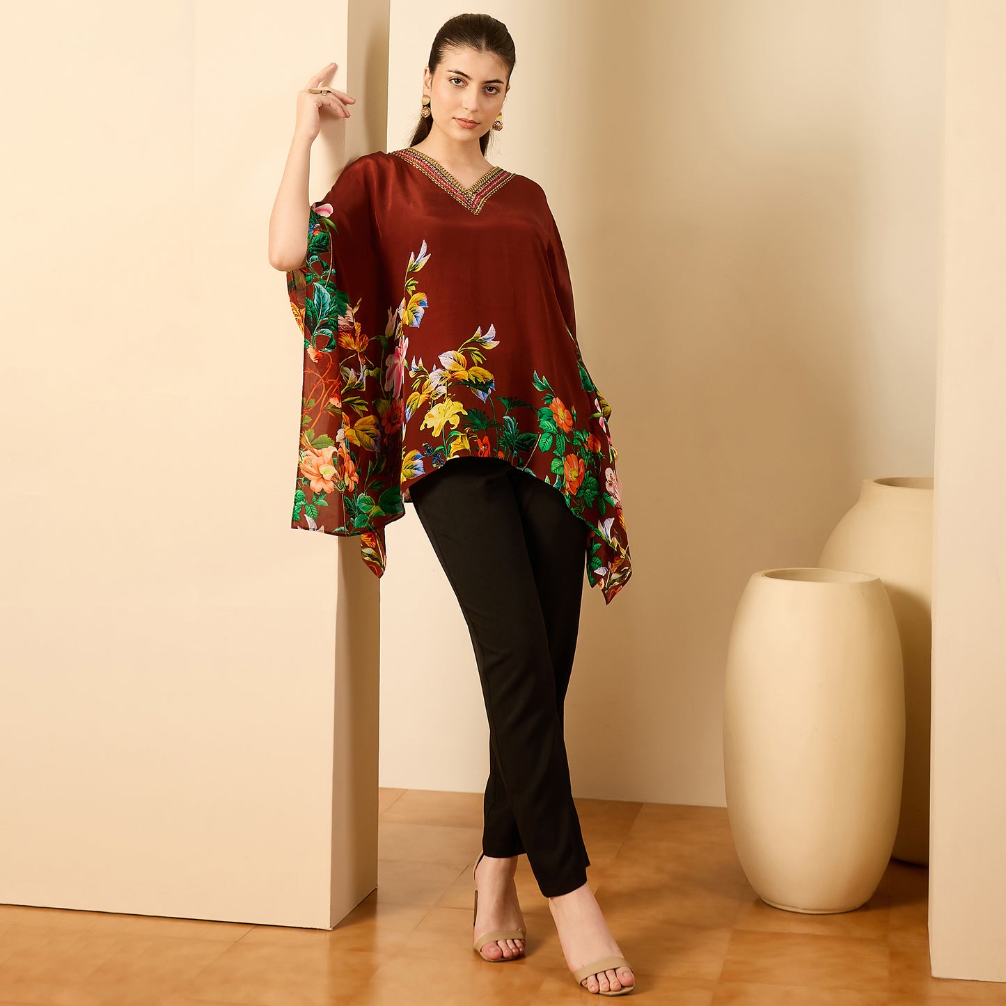 Taupe Embellished Floral Kaftan Top