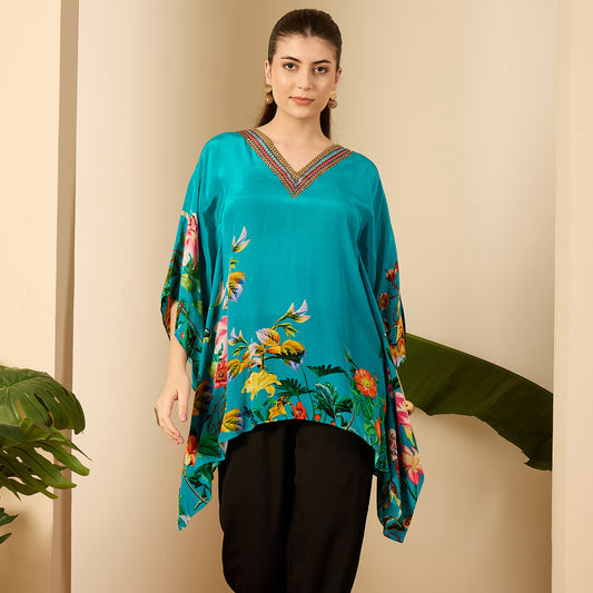 Teal Embellished Floral Kaftan Top