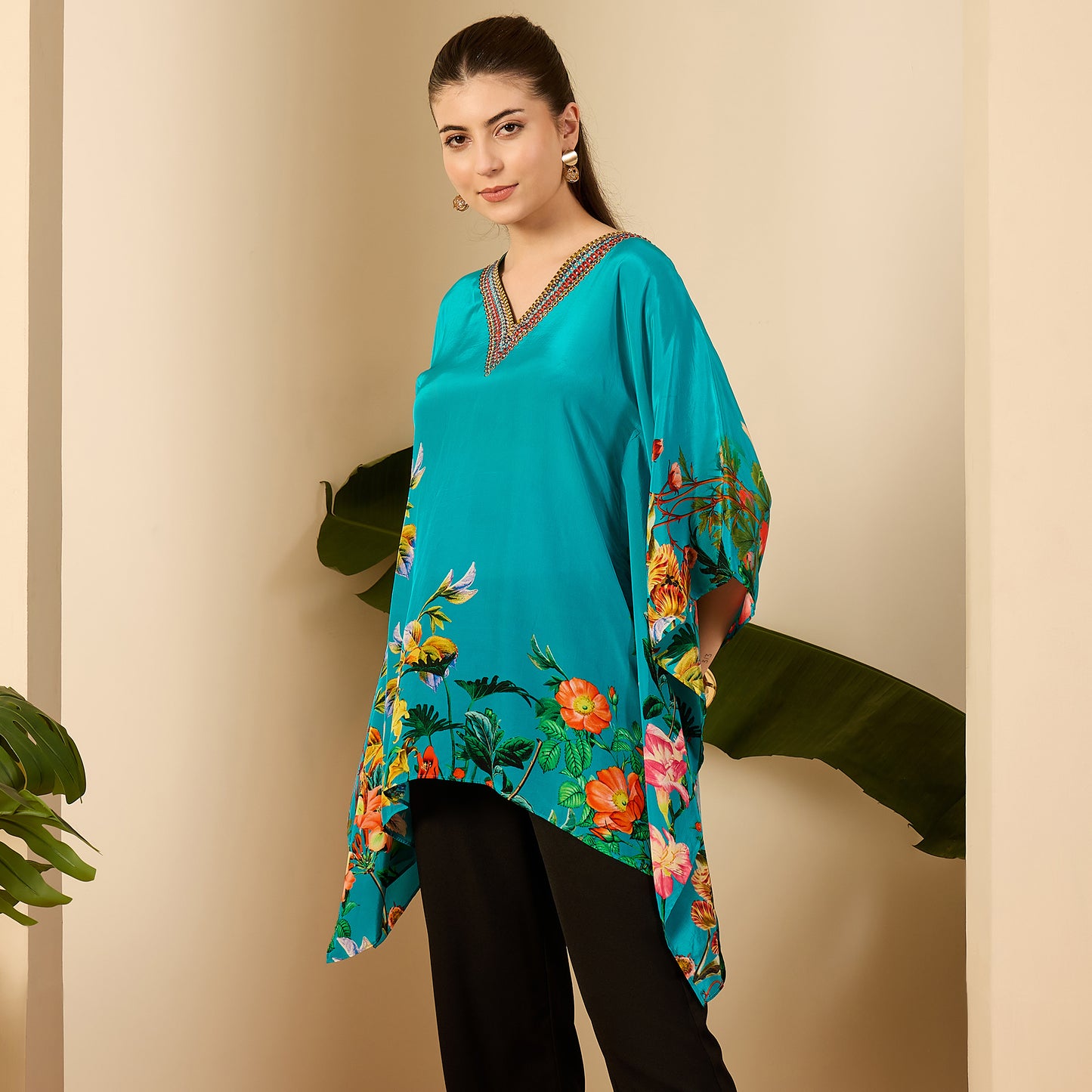 Teal Embellished Floral Kaftan Top