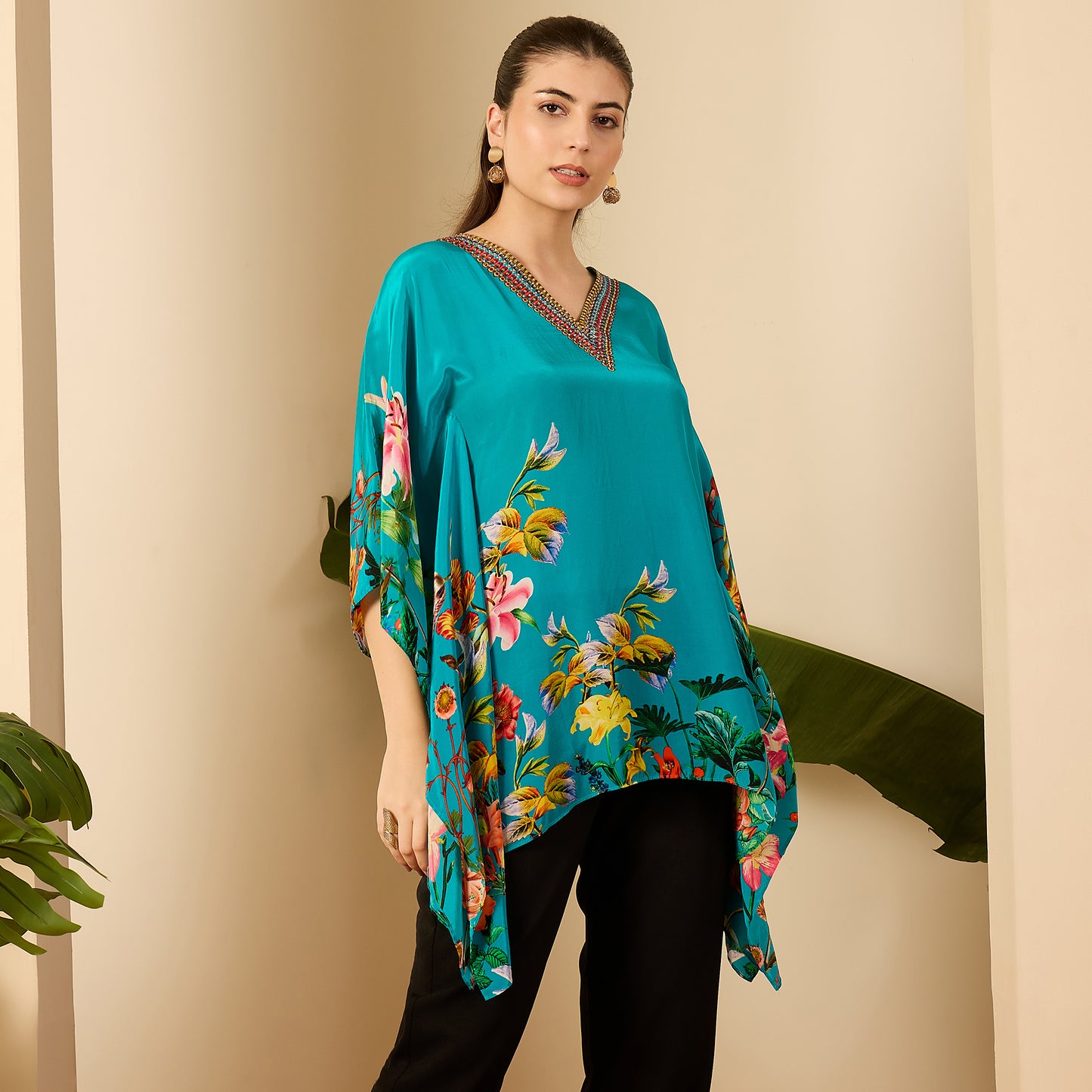 Teal Embellished Floral Kaftan Top