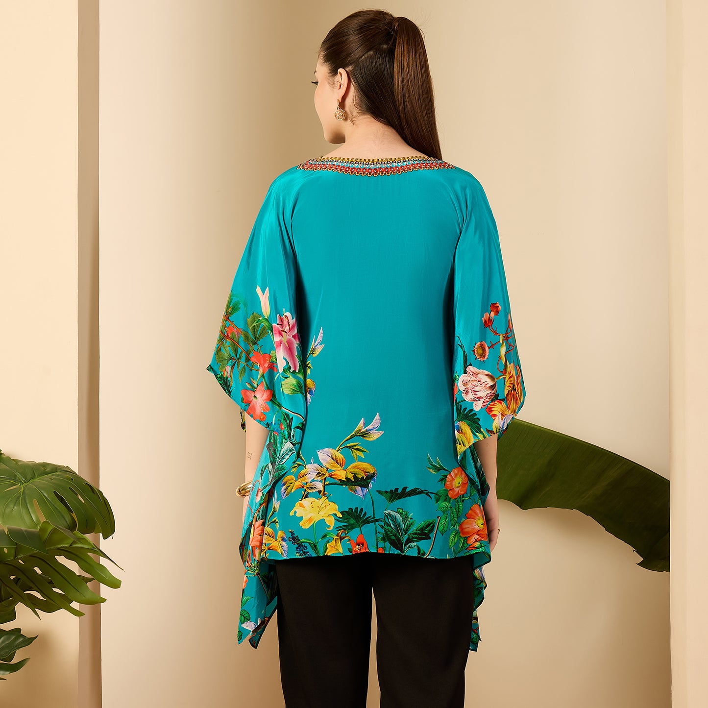 Teal Embellished Floral Kaftan Top